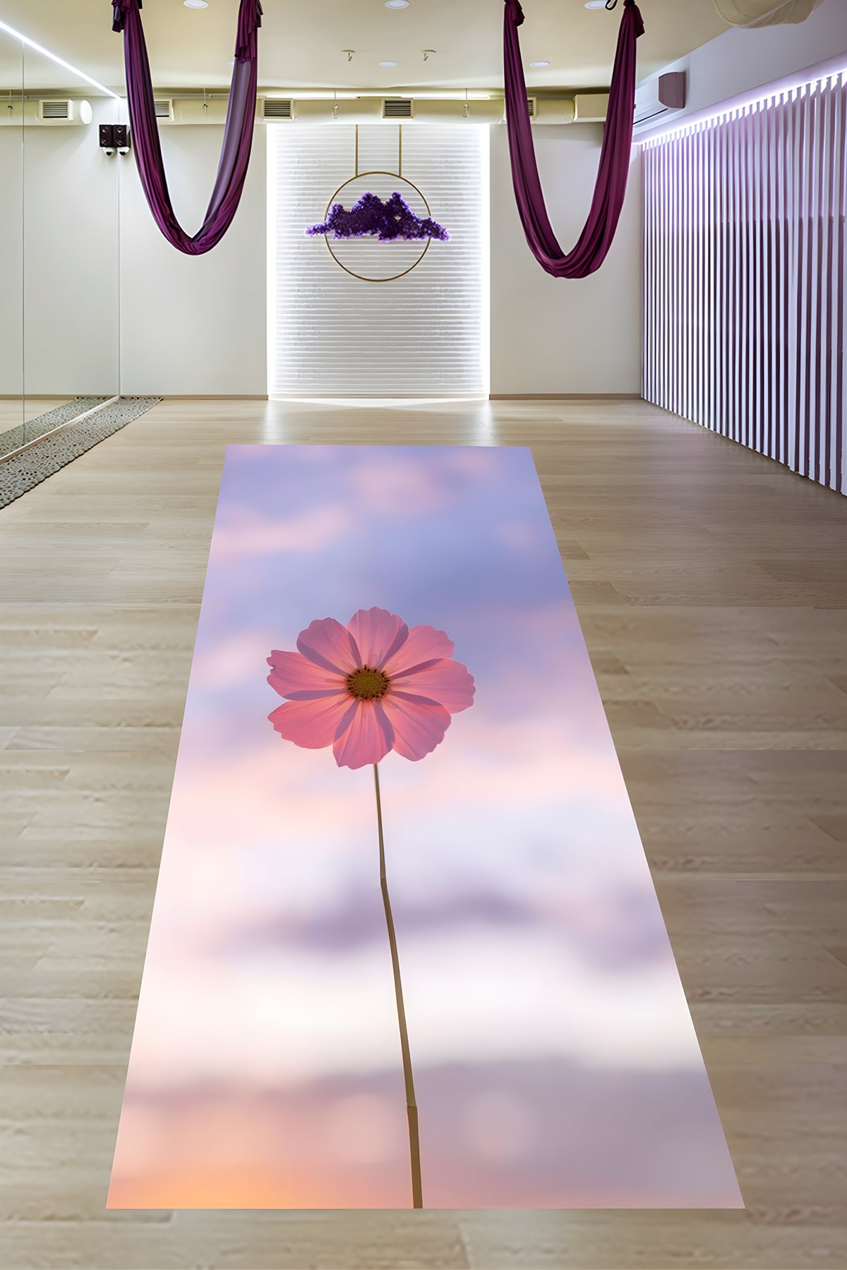 Renkli Zemin Pembe Çiçek Desen Minimal Yıkanabilir Kaymaz Taban Leke Tutmaz Yoga Matı Pilates Minder