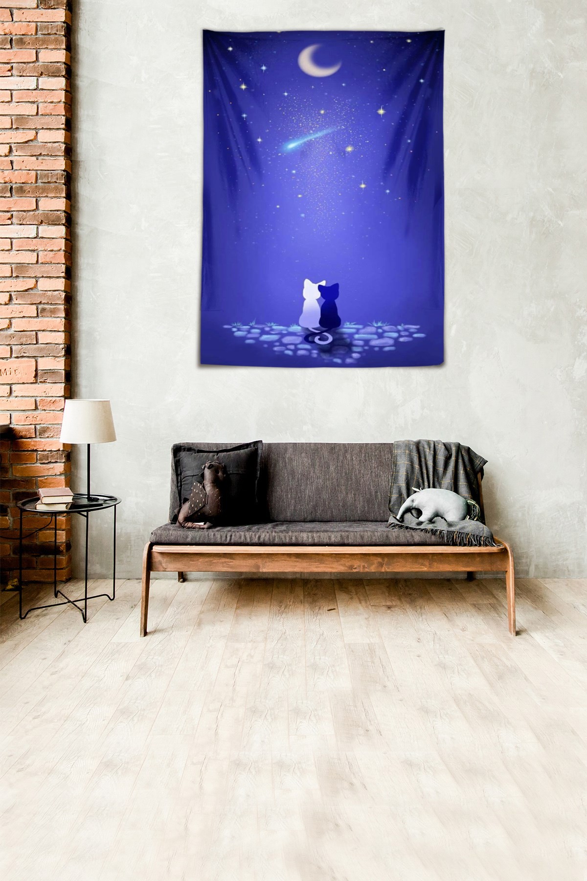 Kedi Ay Desenli Yıkanabilir Leke Tutmaz Mikropetek Kumaş Duvar Örtüsü Duvar Halısı Tapestry WLL020 Mavi