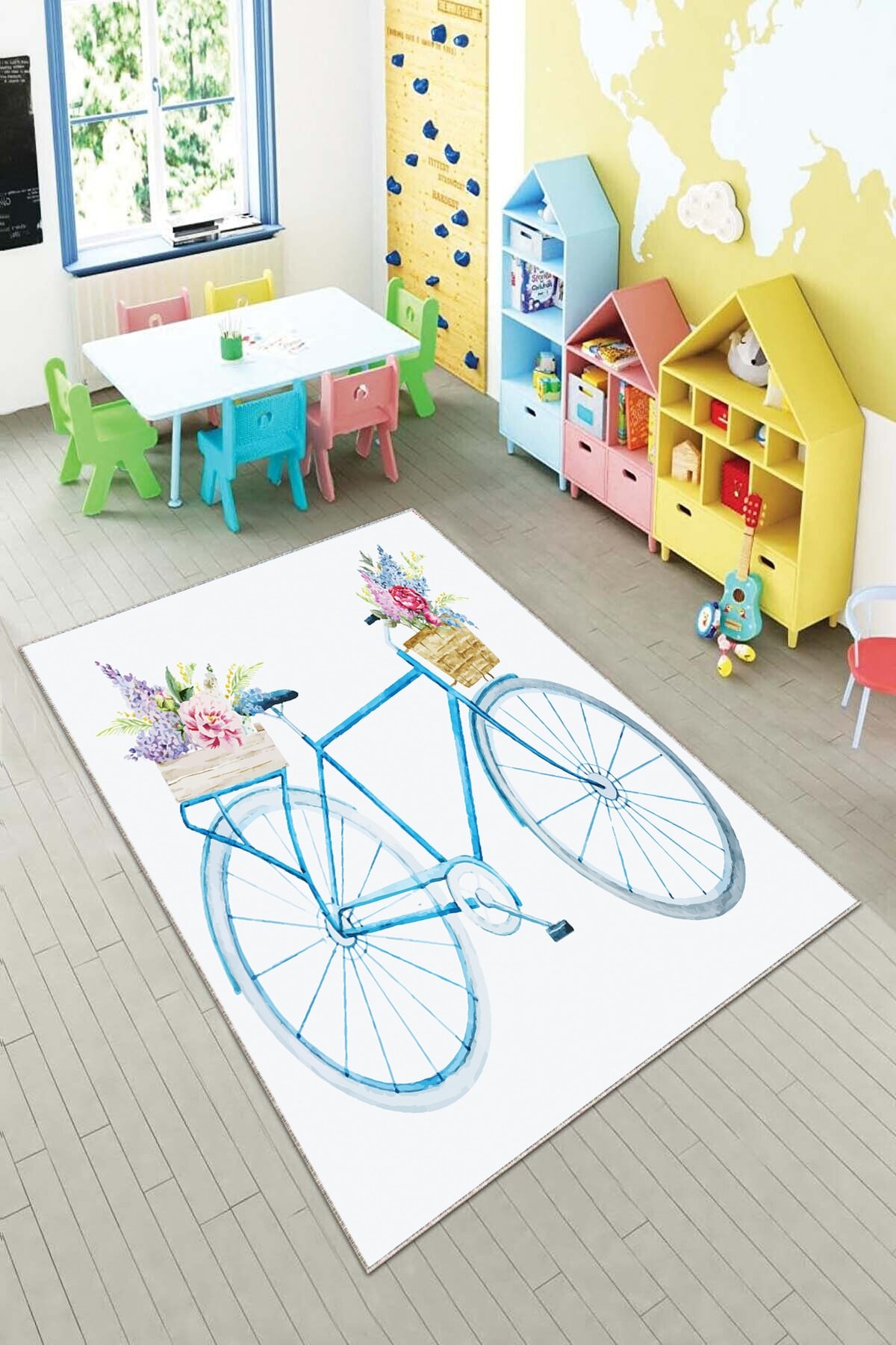 Bisiklet Desenli Kelebekli Dijital Baskılı Yıkanabilir Kaymaz Taban Çocuk Odası Halısı