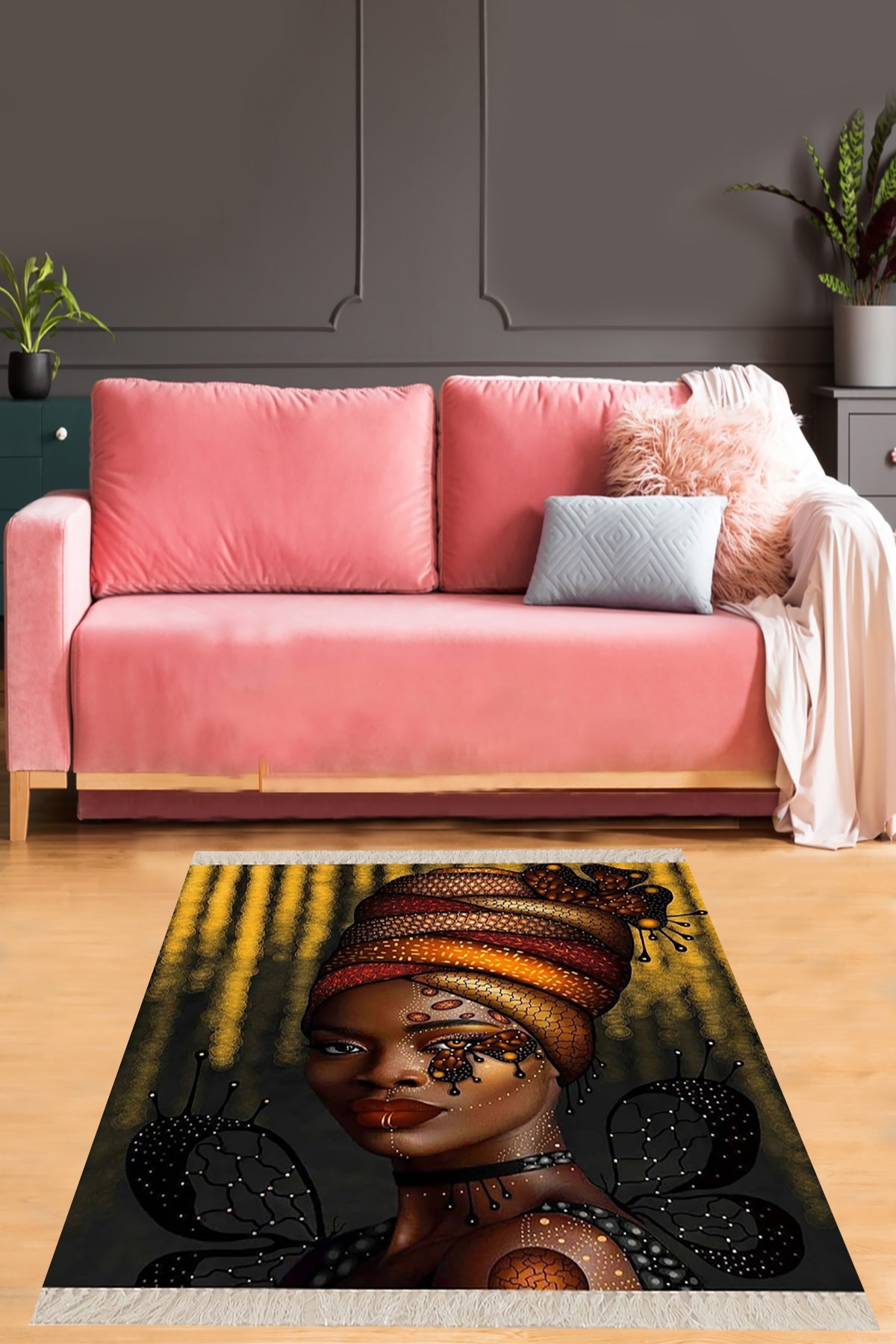Afrika Desenli Afrikalı Kadın Halı Dijital Baskı Yıkanabilir Modern Salon Halı ve Yolluk - Siyah-5