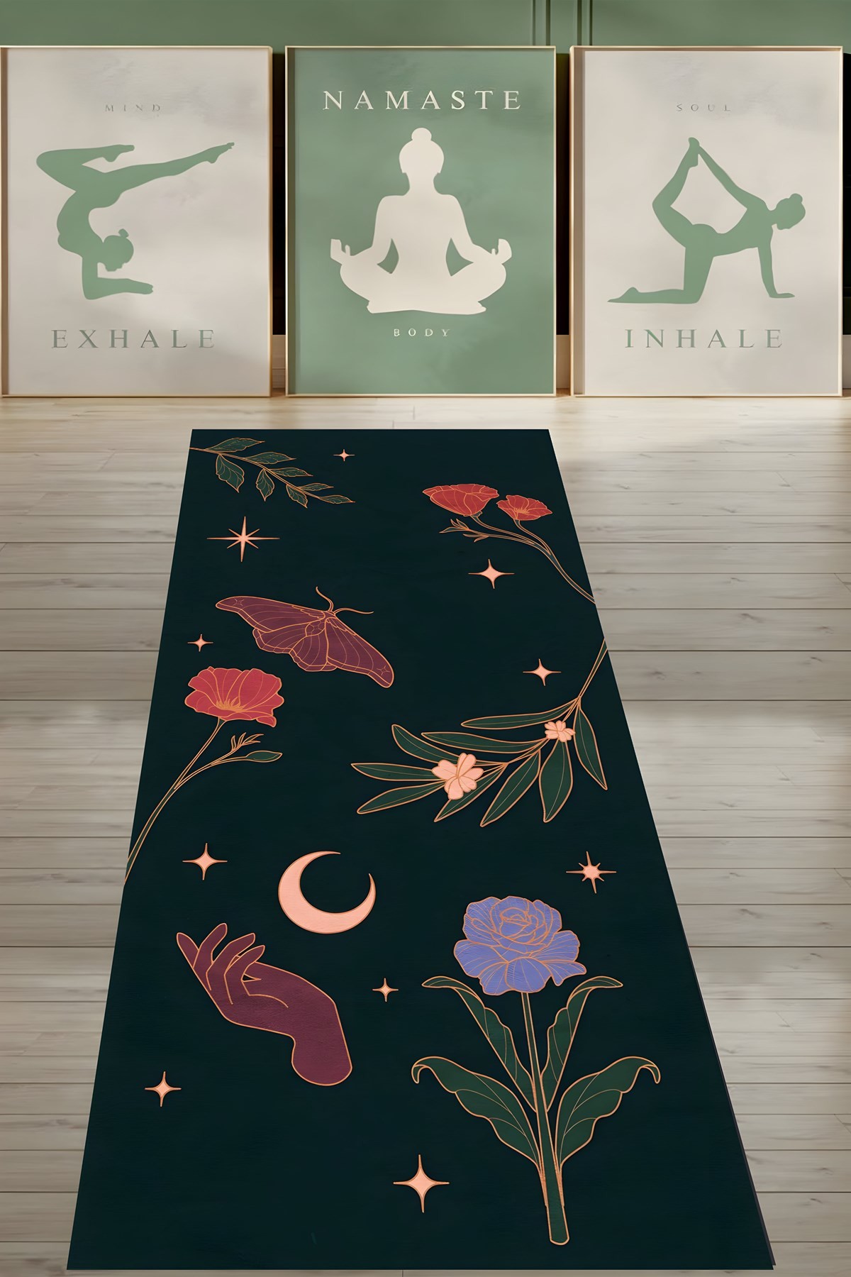 Ay Işığında Çiçek Ve Kelebek Desenli Yıkanabilir Kaymaz Taban Leke Tutmaz Yoga Matı Pilates Minderi