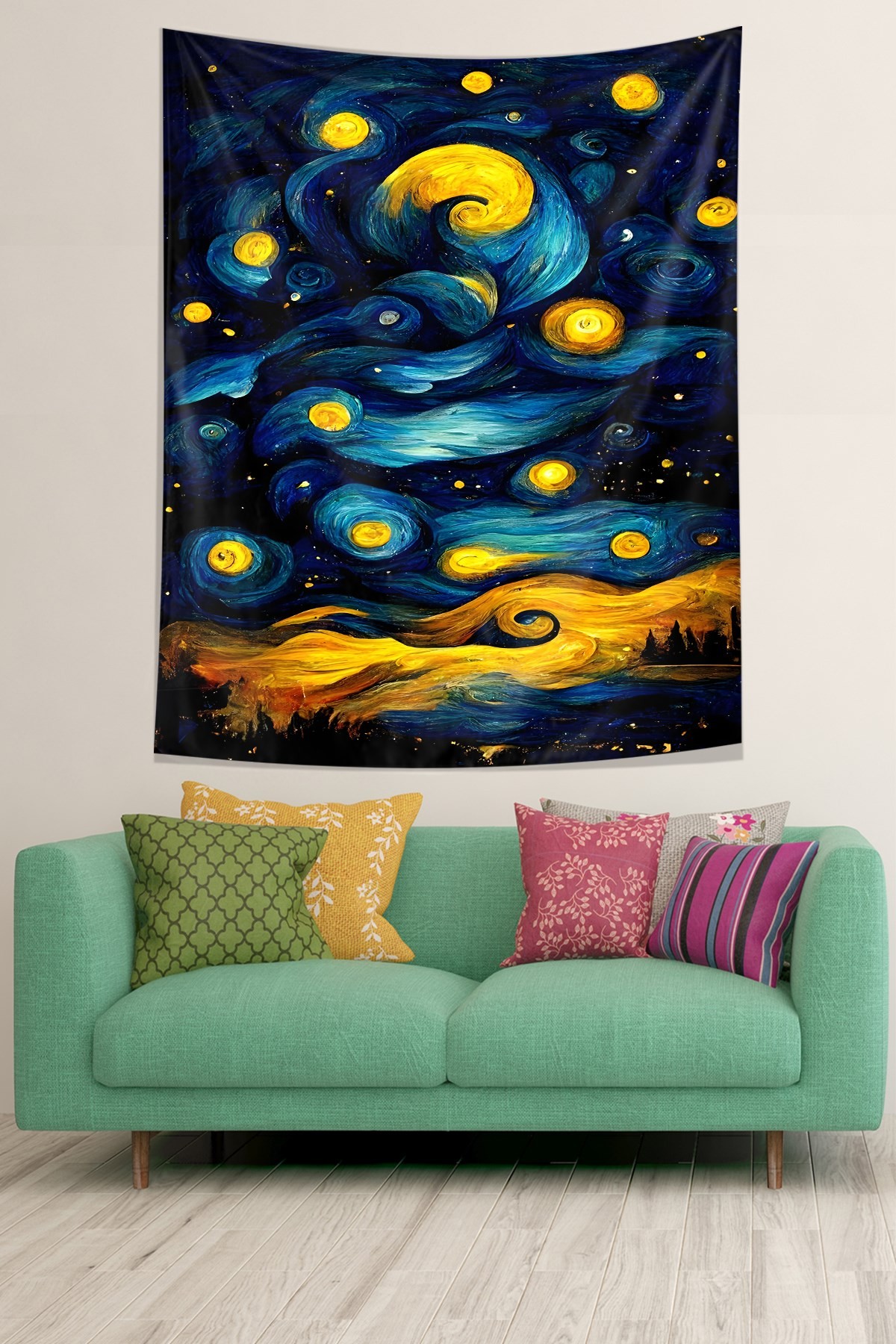 Van Gogh Yıldızlı Gece  Leke Tutmaz Kumaş Duvar Örtüsü Duvar Halısı Tapestry