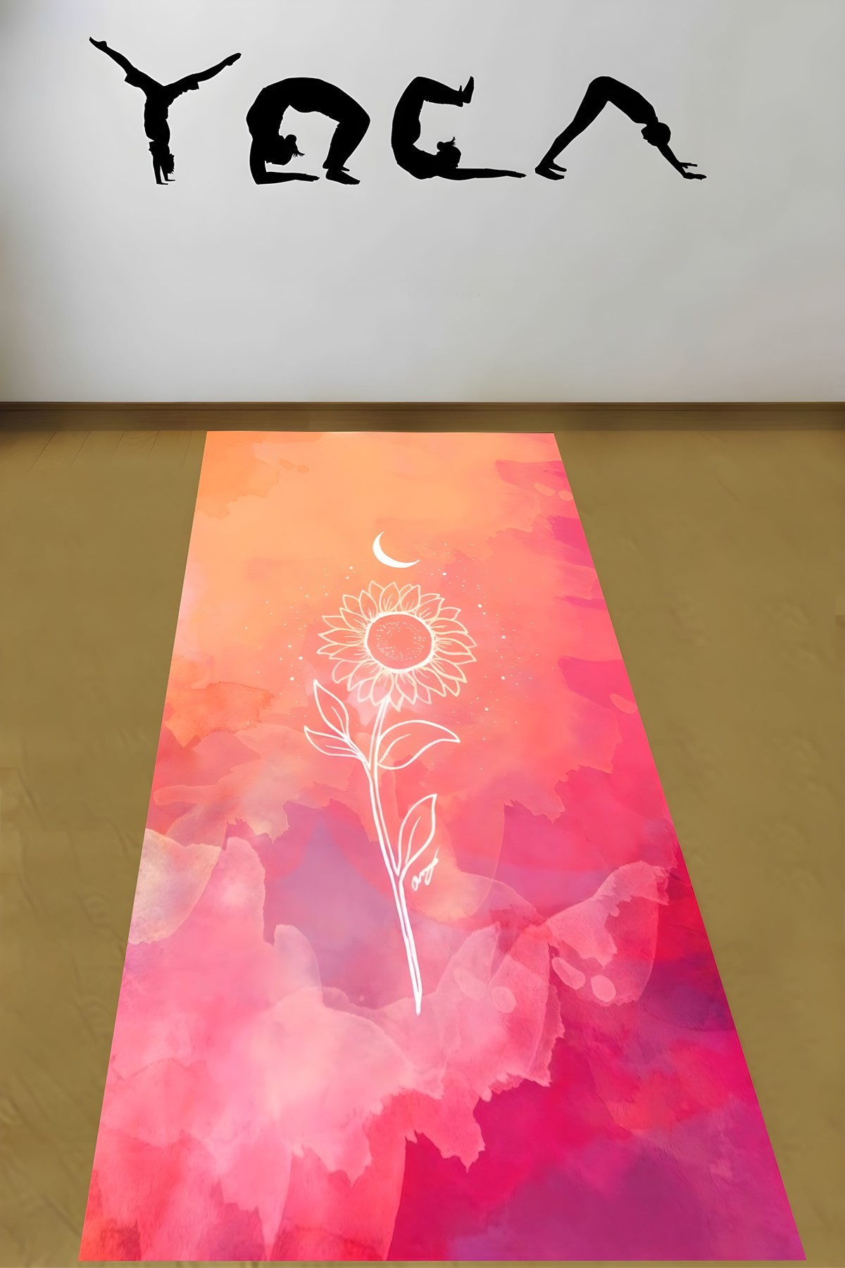Ay Işığı Ve Çiçek Desenli Renkli Yıkanabilir Kaymaz Taban Leke Tutmaz Yoga Matı Pilates Minderi