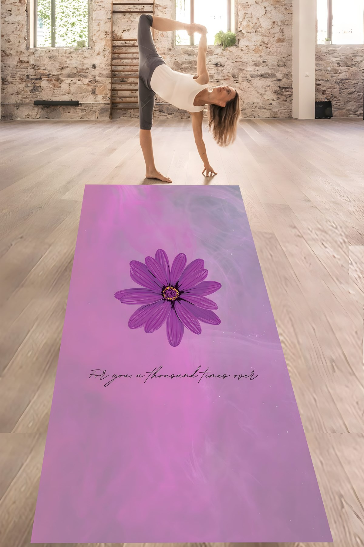 Mor Zemin Çiçek Desenli Yazılı Yıkanabilir Kaymaz Taban Leke Tutmaz Yoga Matı Pilates Minderi