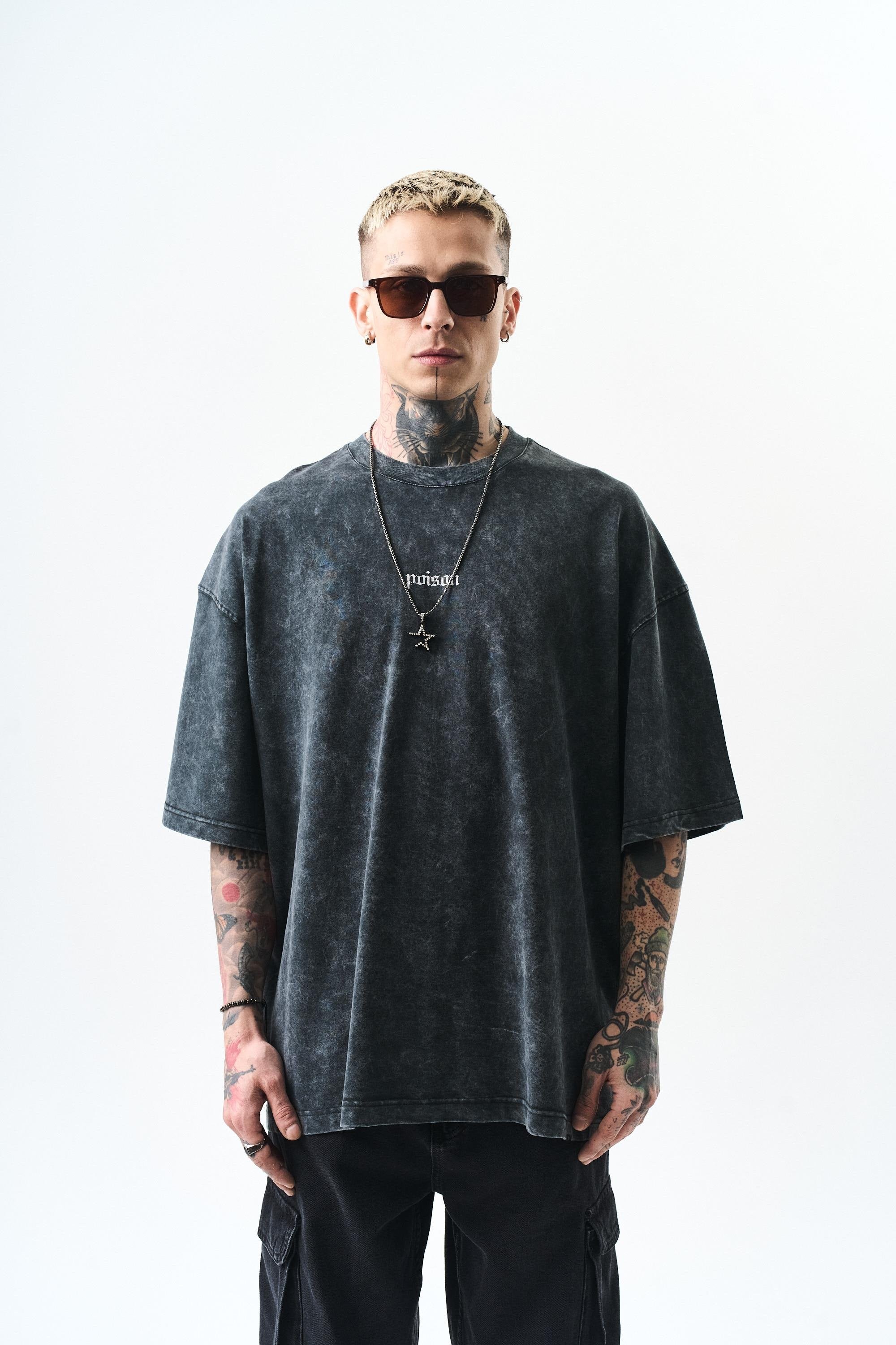 Erkek Snake Baskılı Yıkamalı Oversize T-Shirt
