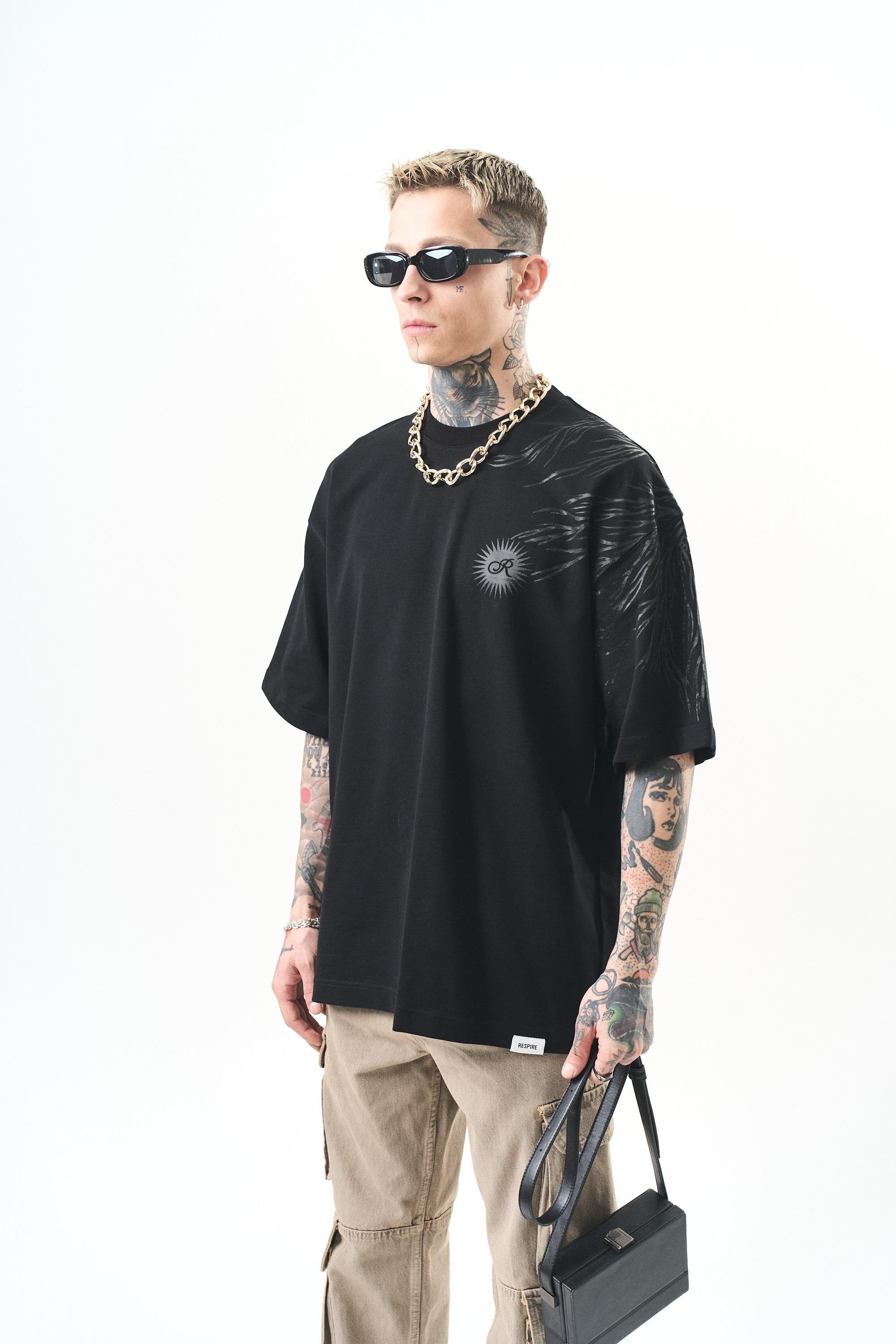Erkek Hand Baskılı Oversize T-Shirt Siyah