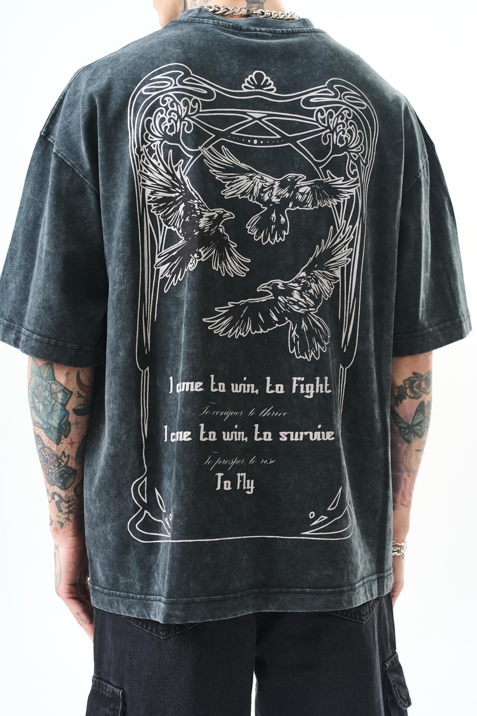 Erkek To Fly Baskılı Yıkamalı Oversize T-Shirt