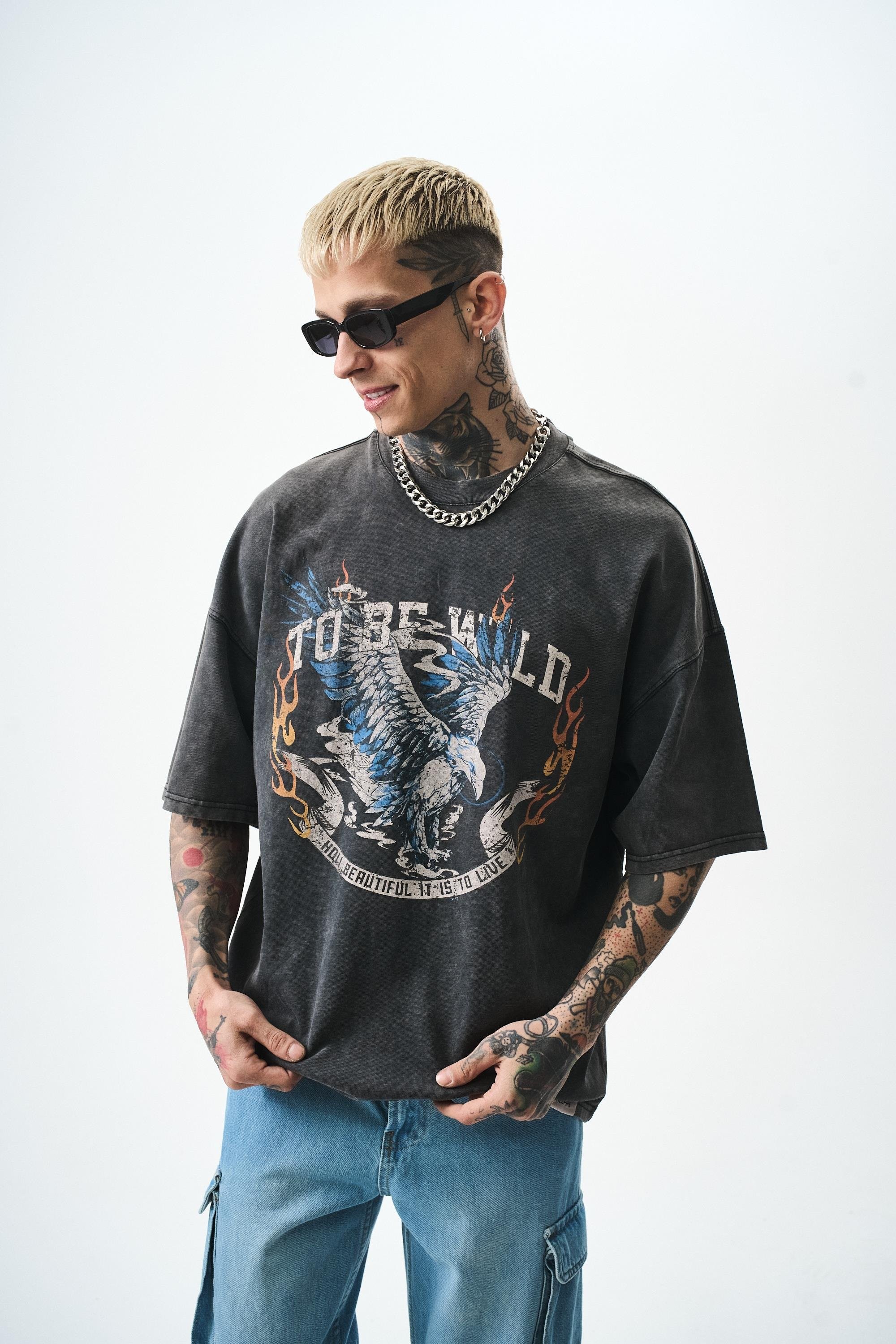 To Be Wild Baskılı Yıkamalı Oversize T-Shirt