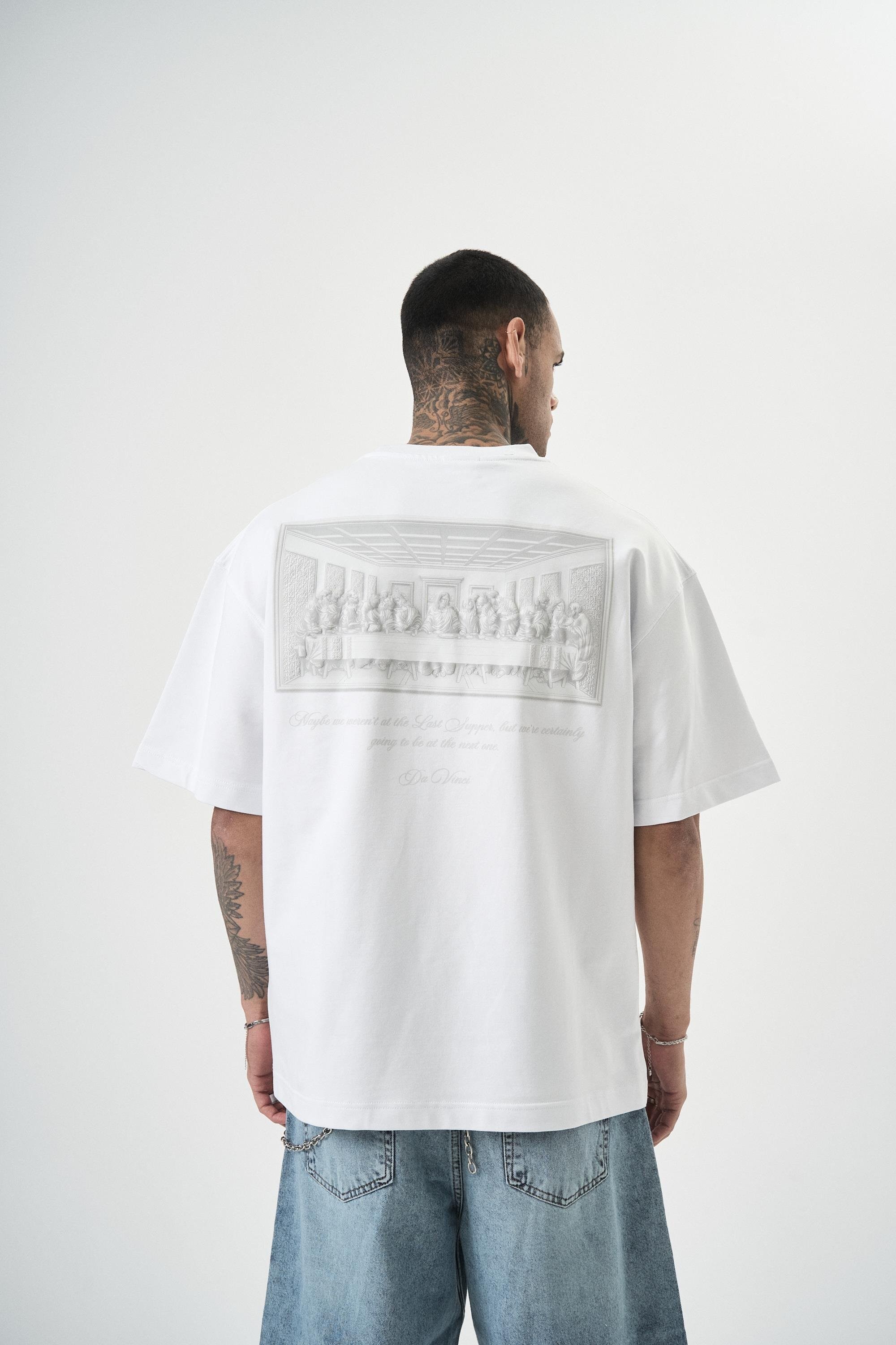 Erkek Da Vinci Baskılı Oversize T-Shirt - beyaz