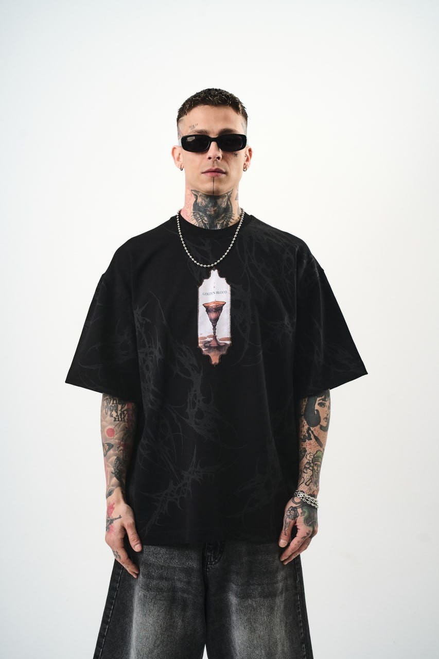 Erkek Golden Blood Oversize T-shirt  - siyah