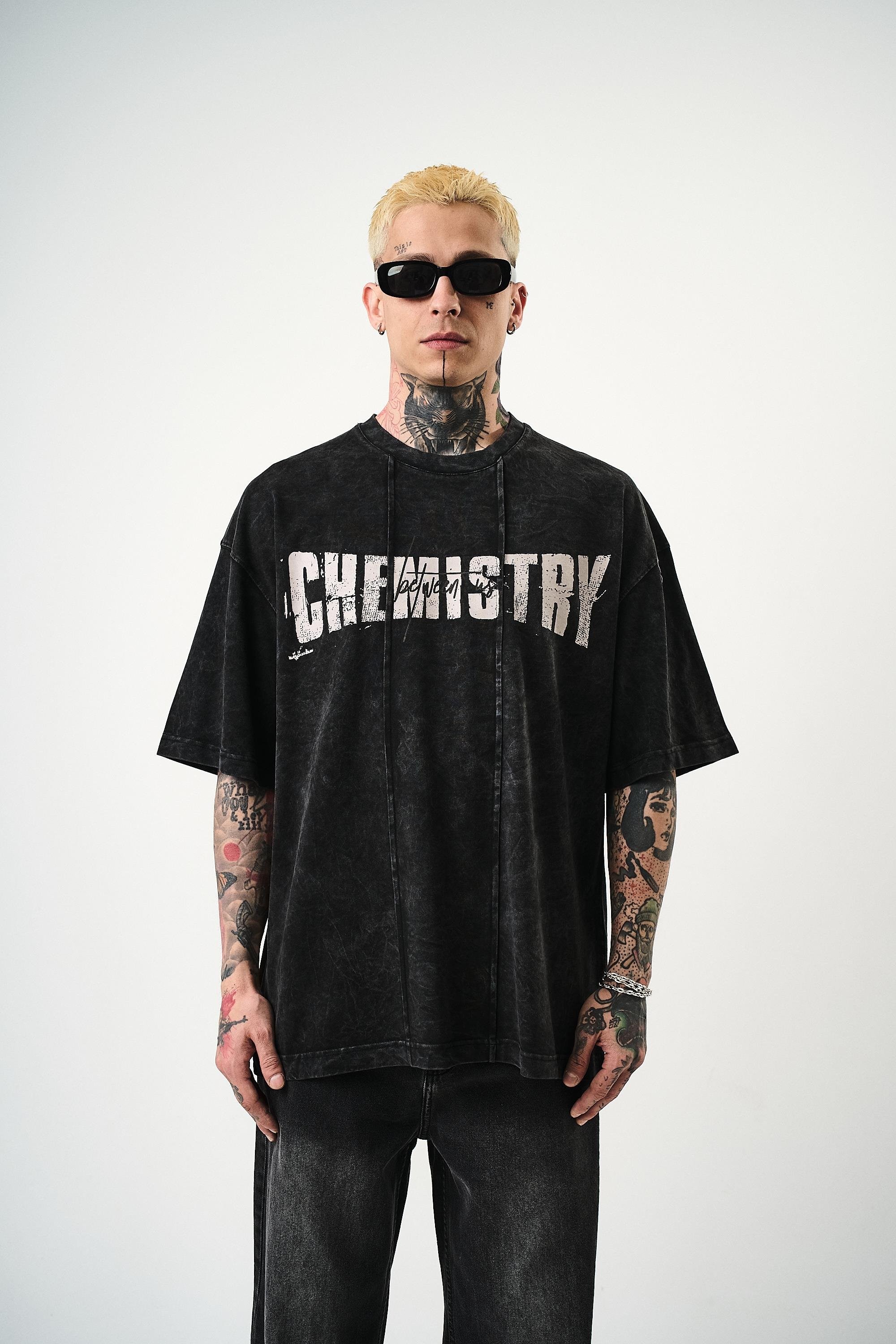 Erkek Chemistry Baskılı Yıkamalı Oversize T-Shirt