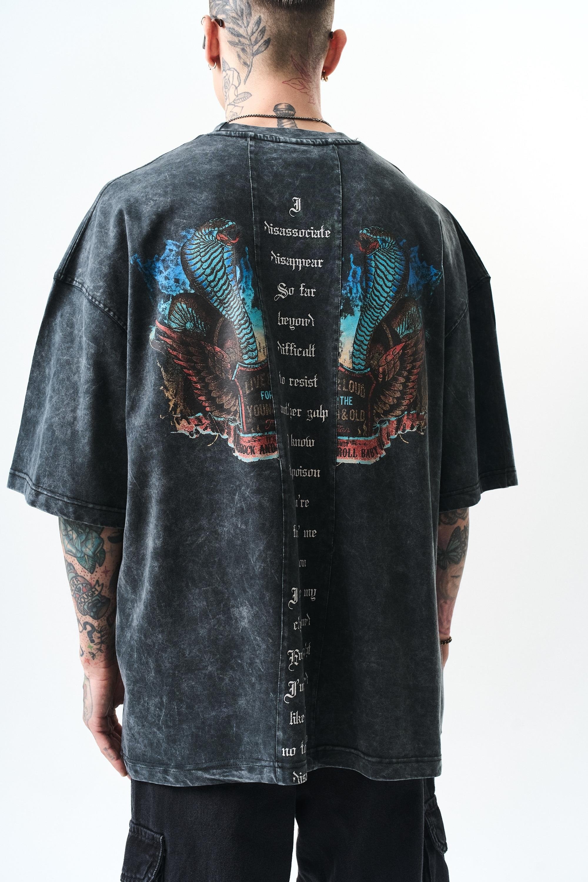 Erkek Snake Baskılı Yıkamalı Oversize T-Shirt