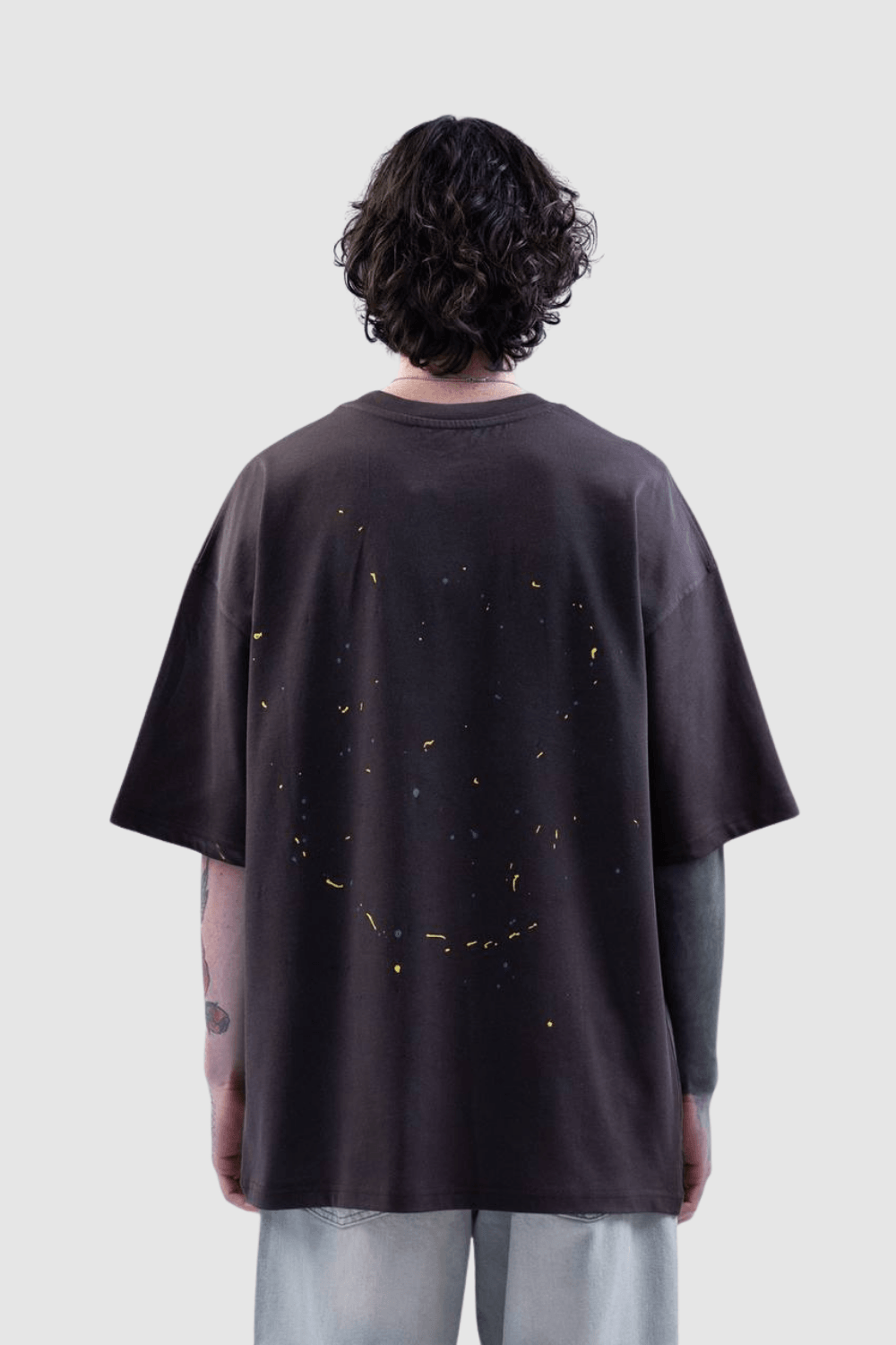 Erkek World Peace Baskılı Bisiklet Yaka Oversize Tişört - Siyah