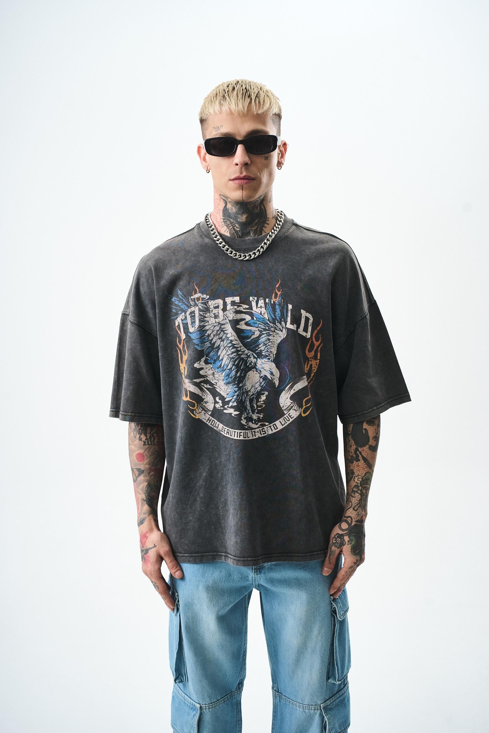 To Be Wild Baskılı Yıkamalı Oversize T-Shirt