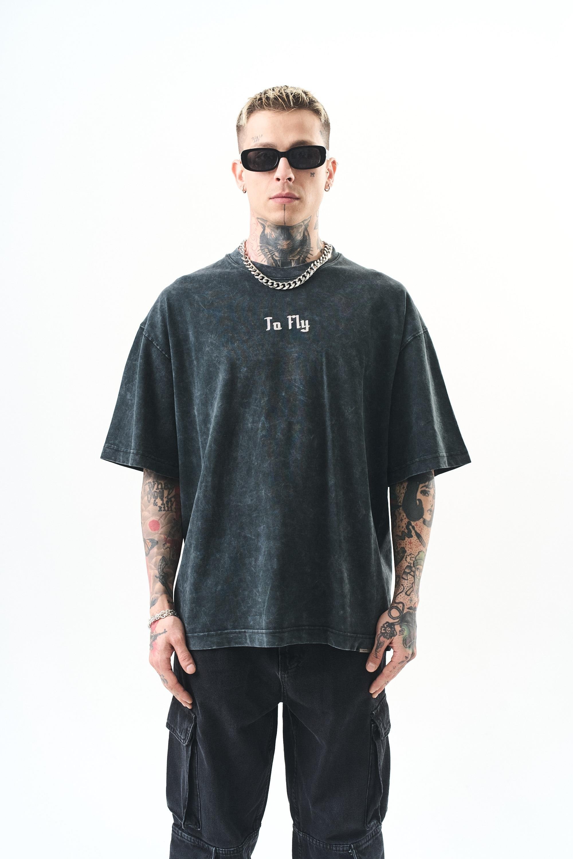 Erkek To Fly Baskılı Yıkamalı Oversize T-Shirt
