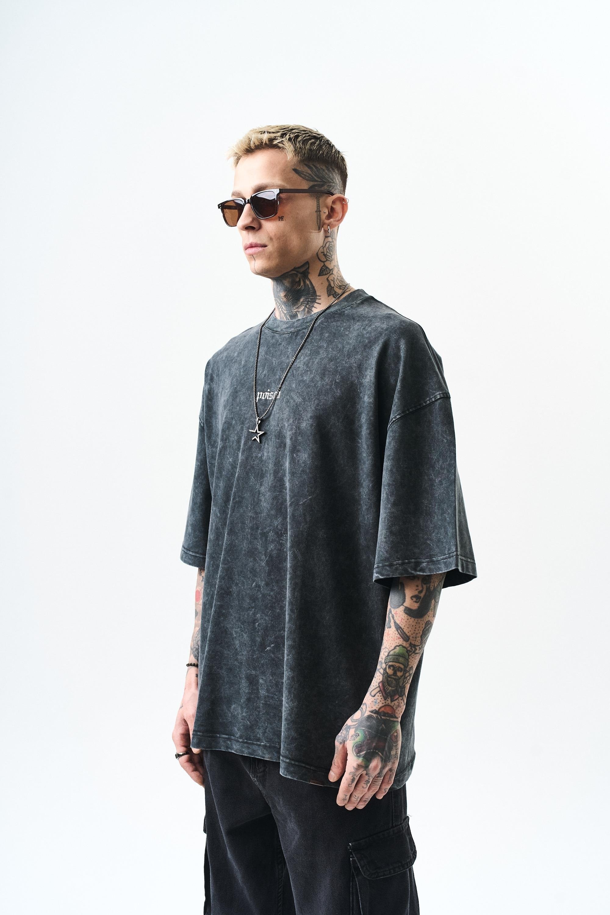 Erkek Snake Baskılı Yıkamalı Oversize T-Shirt