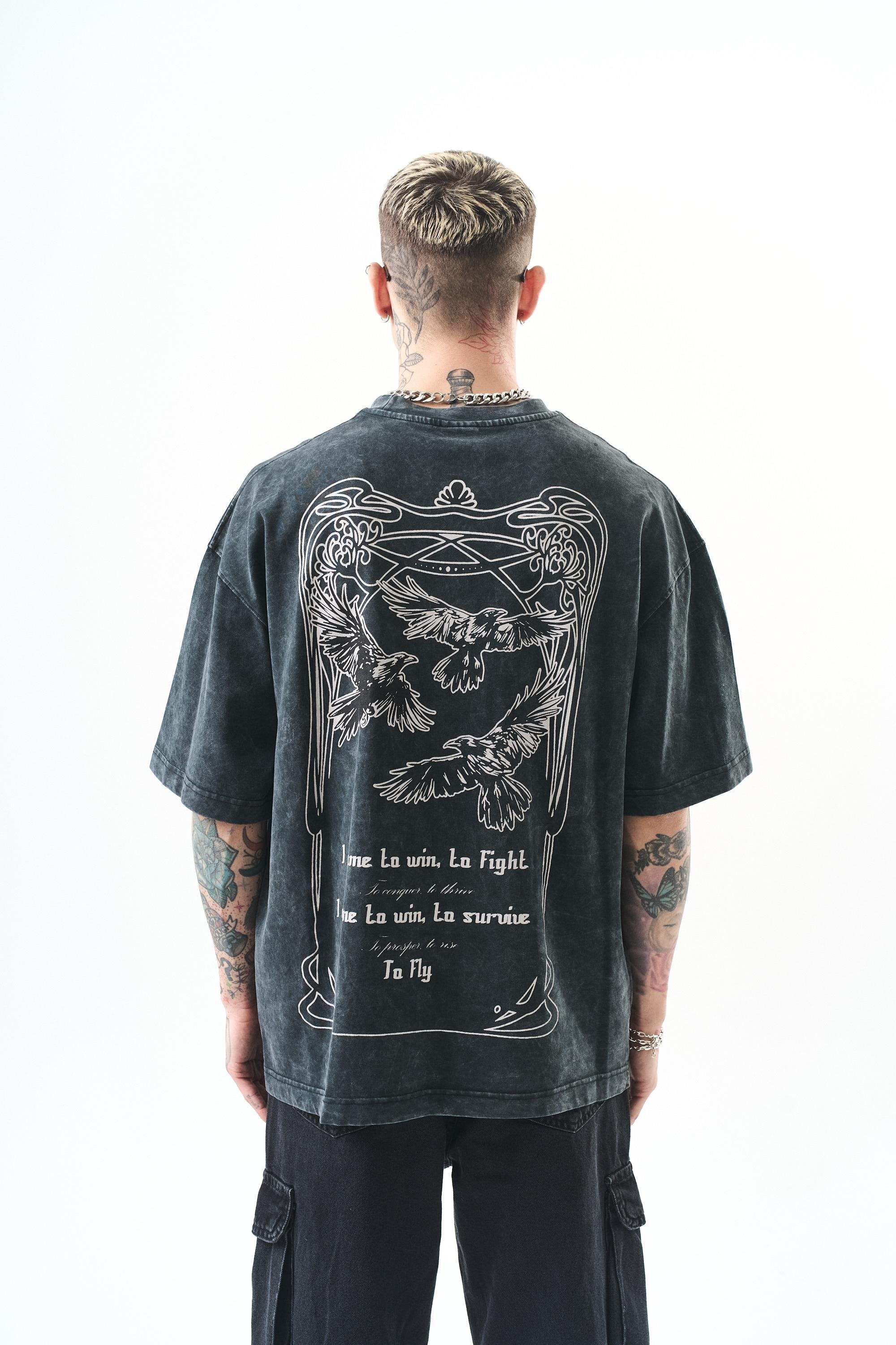 Erkek To Fly Baskılı Yıkamalı Oversize T-Shirt