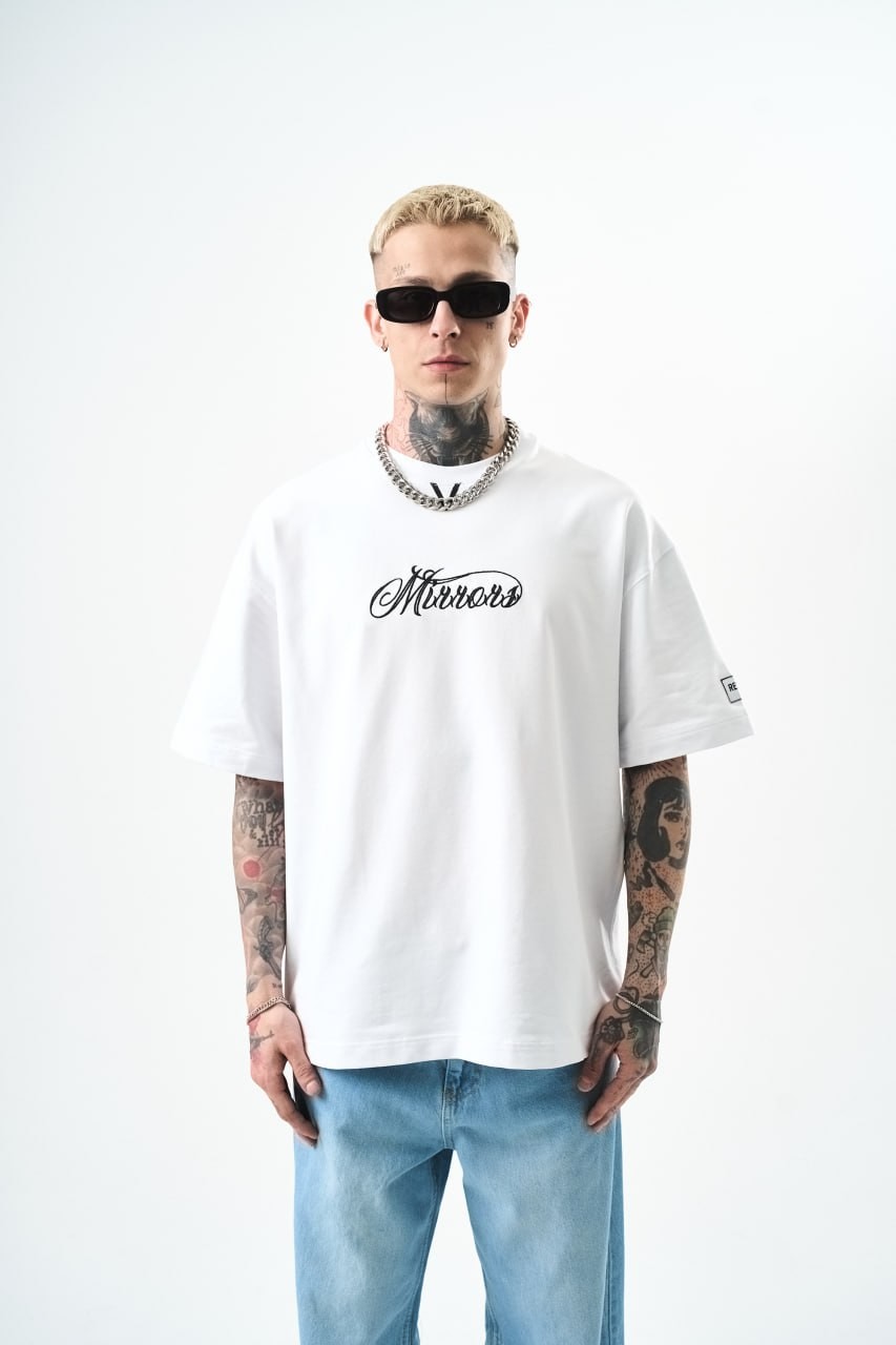 Erkek  Mirrors Oversize T-Shirt - Beyaz