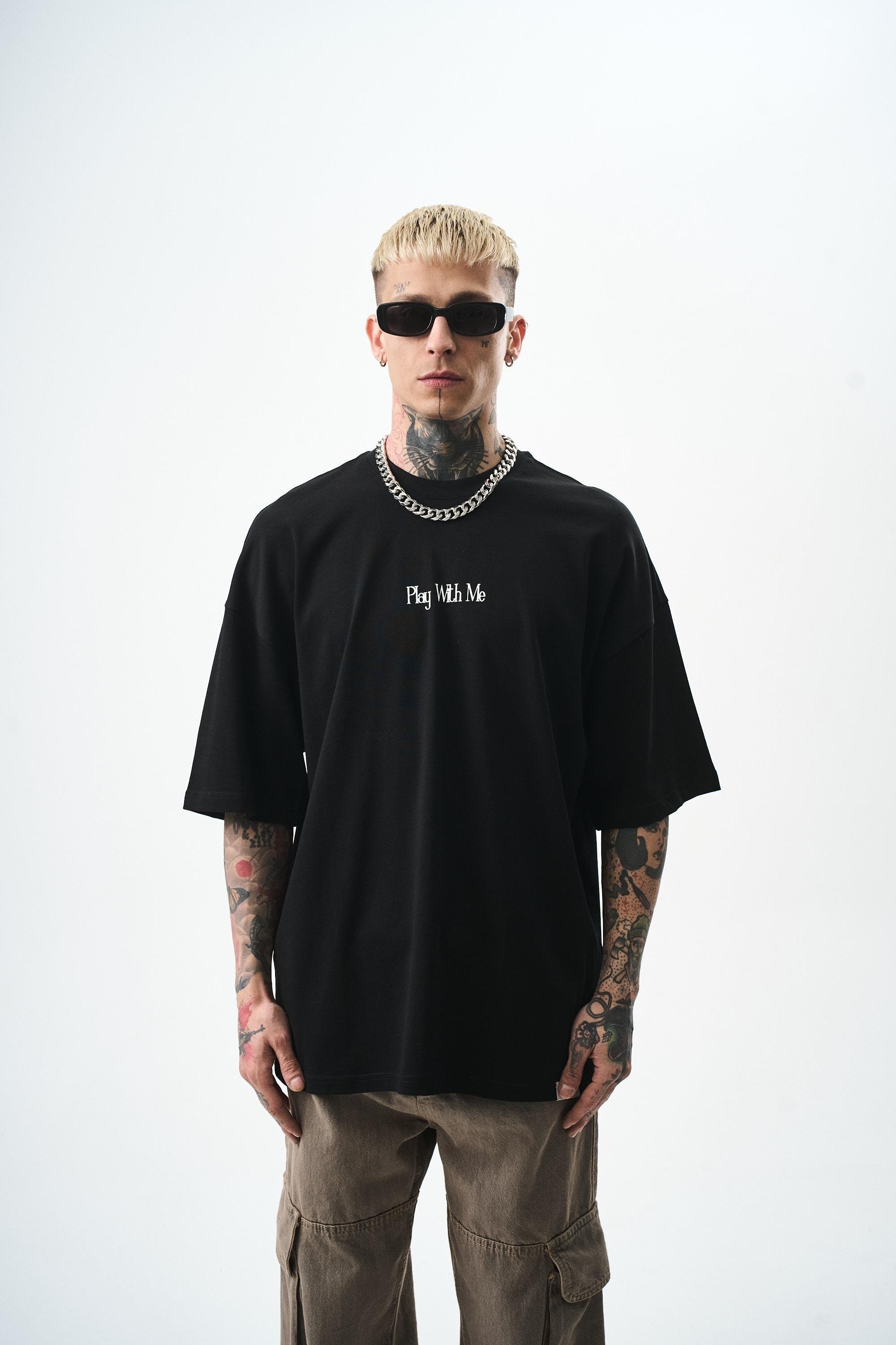 Play With Me Baskılı Oversize T-Shirt - siyah