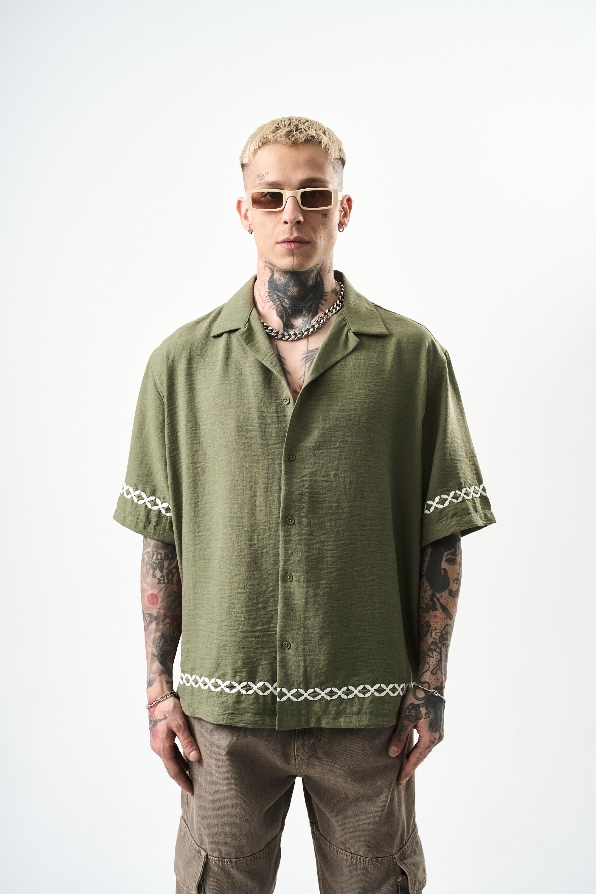 Erkek Pocket Nakışlı Oversize Keten Gömlek