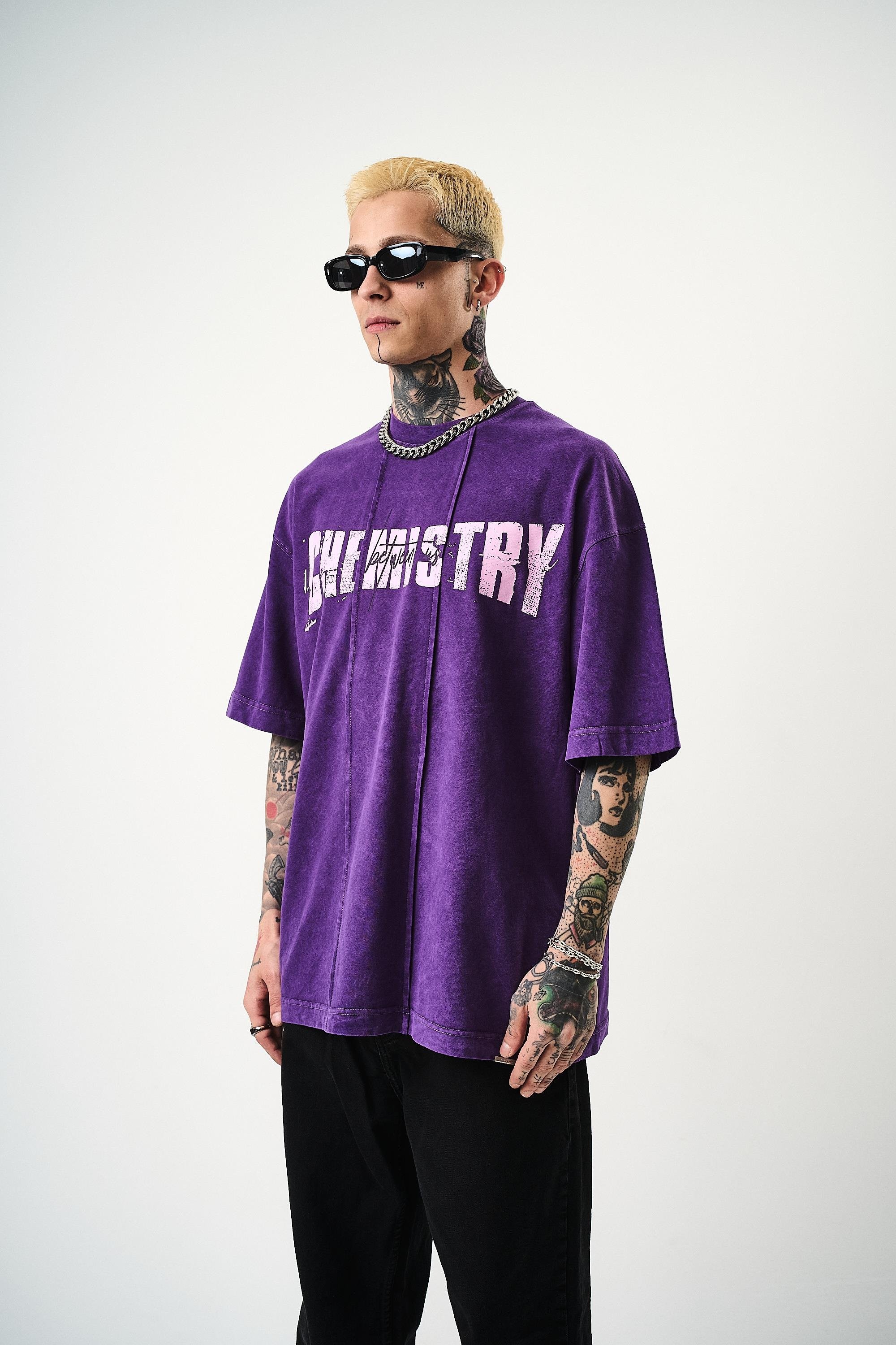 Erkek Chemistry Baskılı Yıkamalı Oversize T-Shirt - Mor