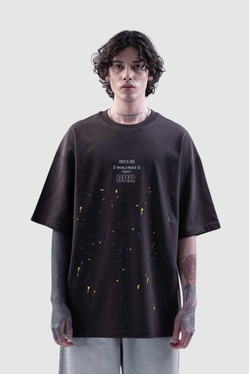 Erkek World Peace Baskılı Bisiklet Yaka Oversize Tişört - Siyah
