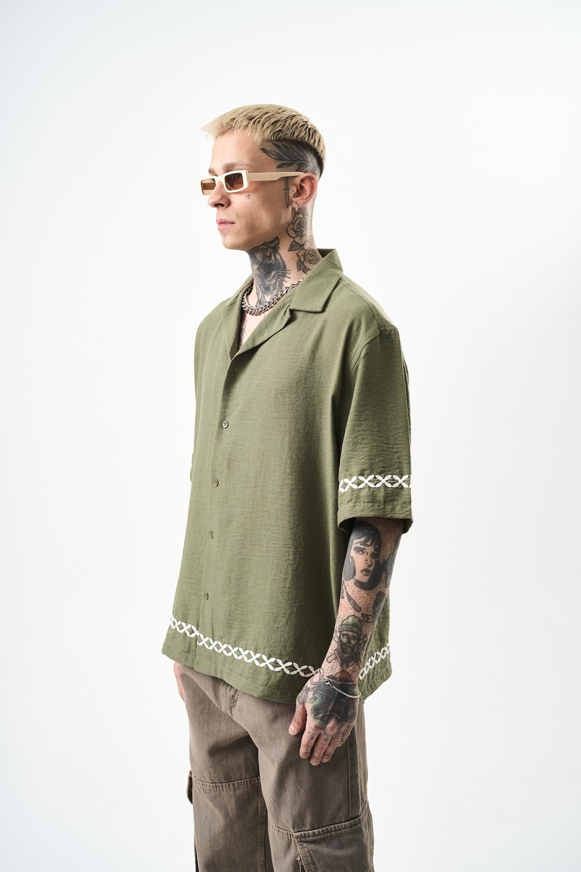 Erkek Pocket Nakışlı Oversize Keten Gömlek