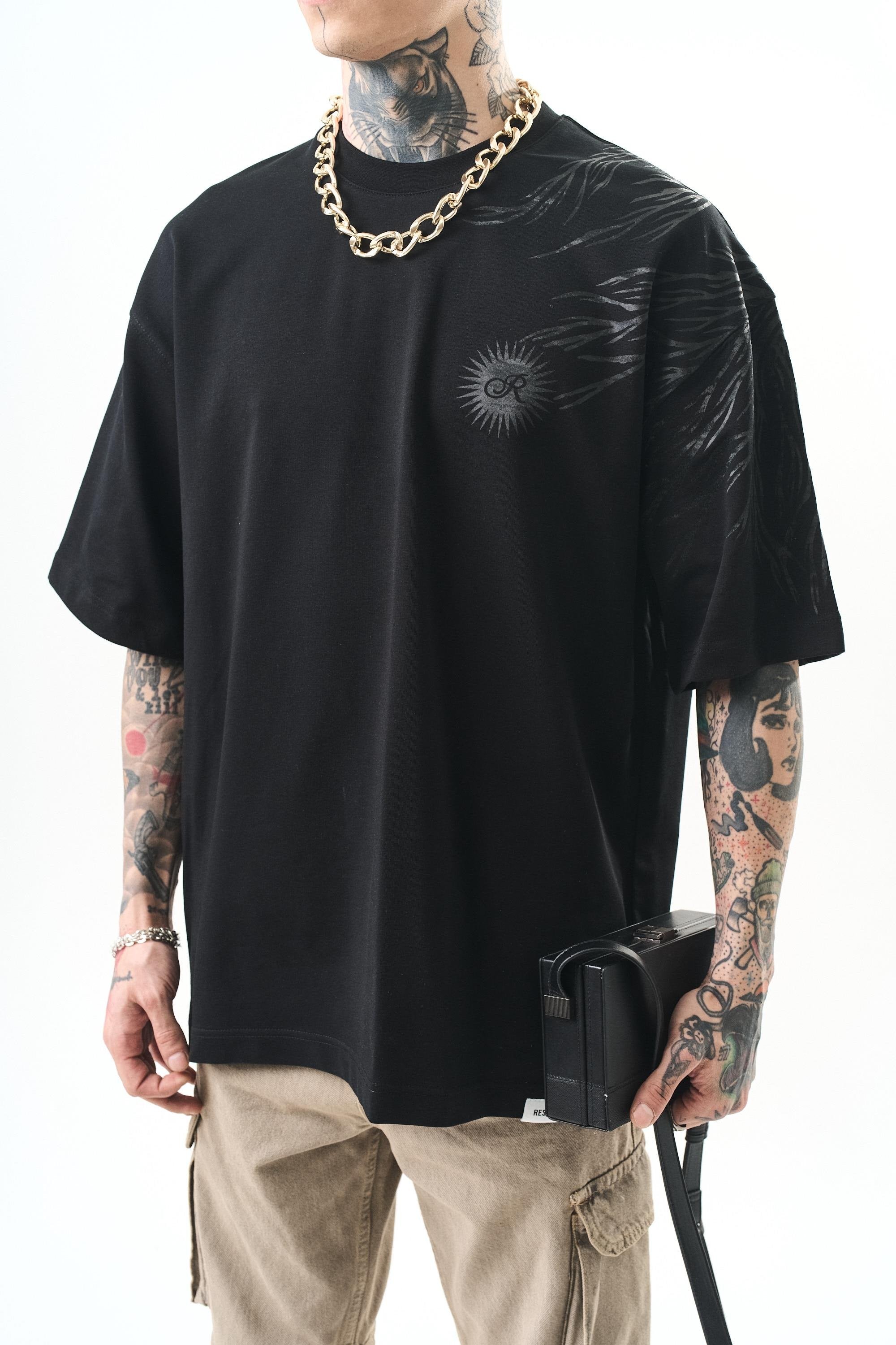 Erkek Hand Baskılı Oversize T-Shirt Siyah