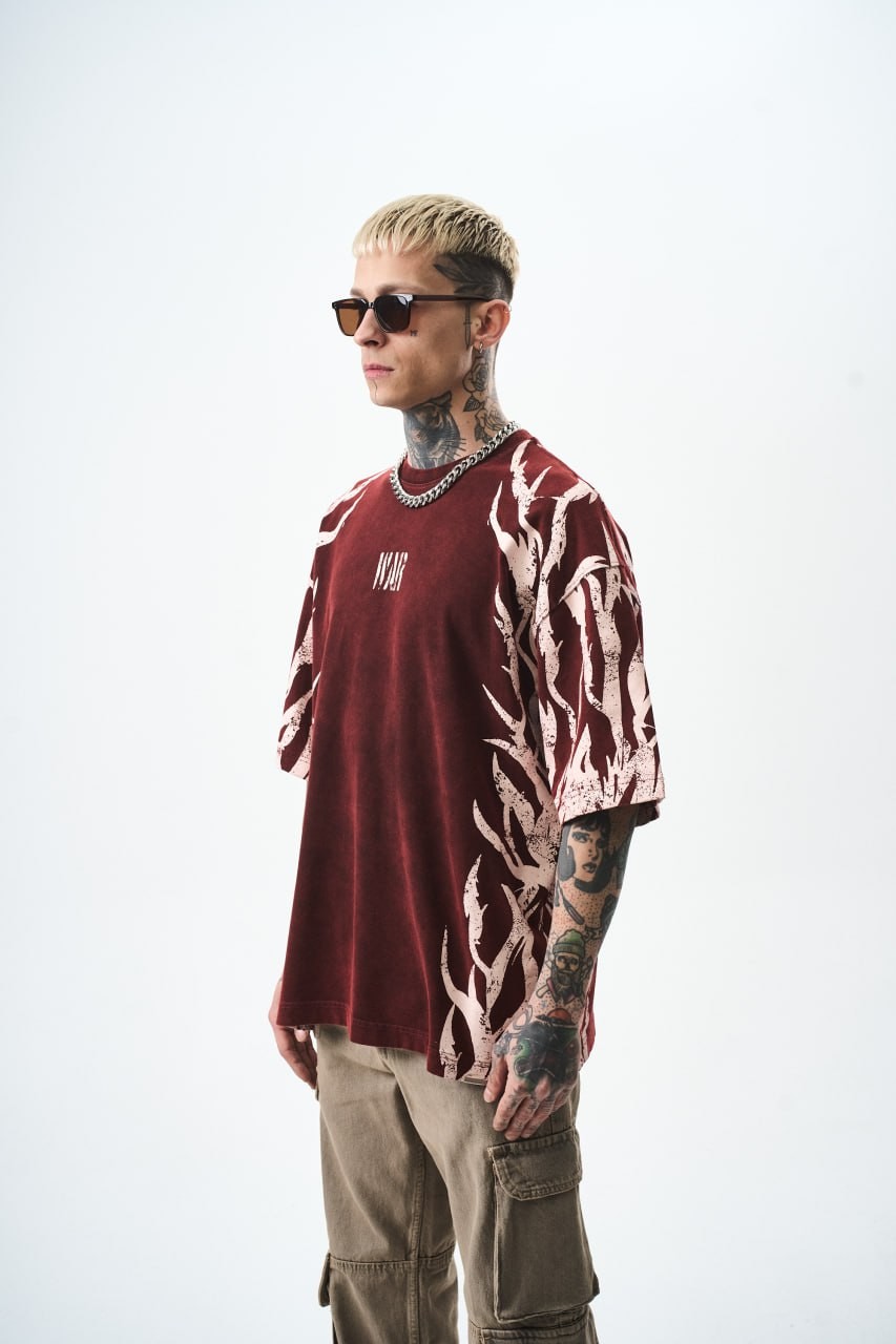 War Baskılı Yıkamalı Oversize T-Shirt