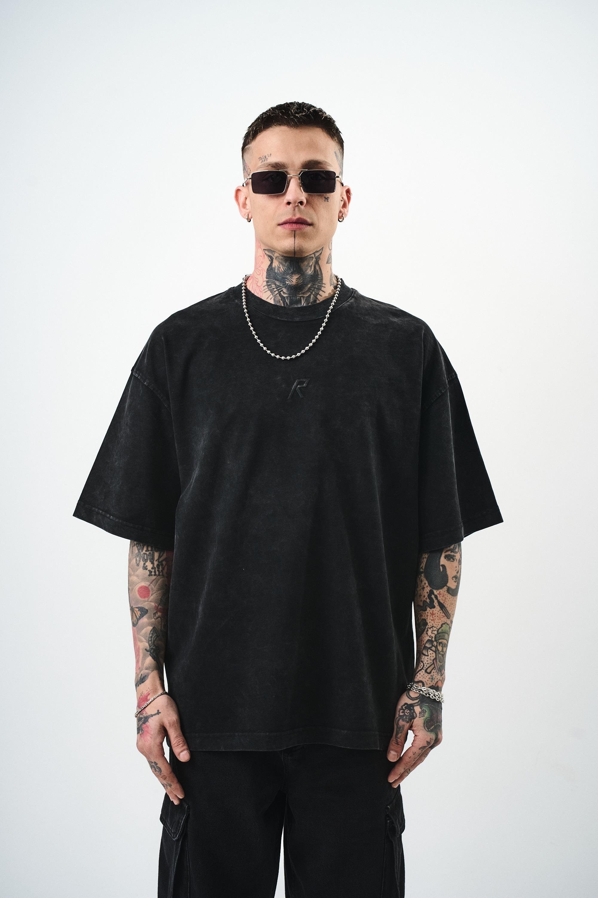 Erkek R Nakışlı Yıkamalı Oversize T-Shirt 