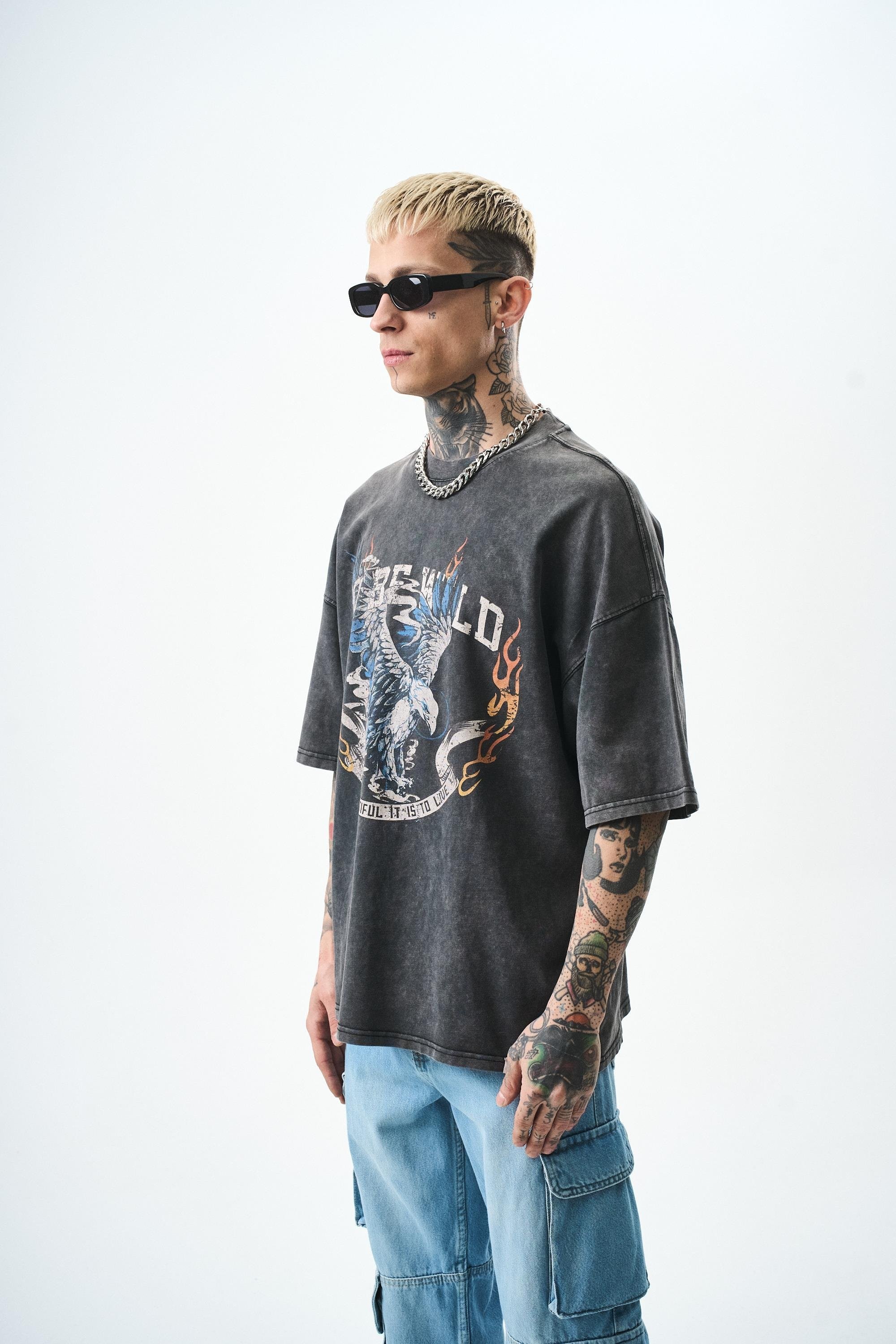 To Be Wild Baskılı Yıkamalı Oversize T-Shirt