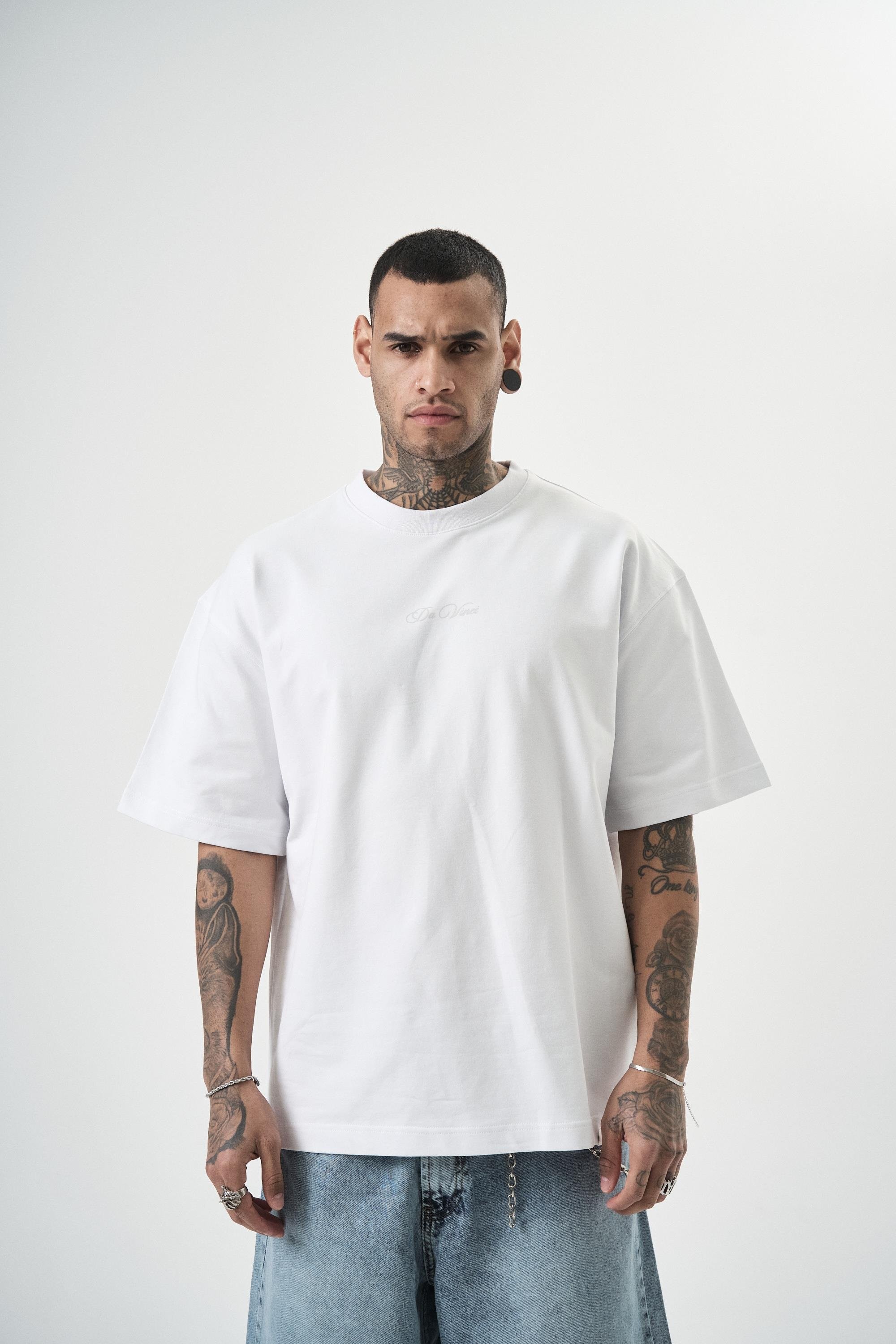 Erkek Da Vinci Baskılı Oversize T-Shirt - beyaz