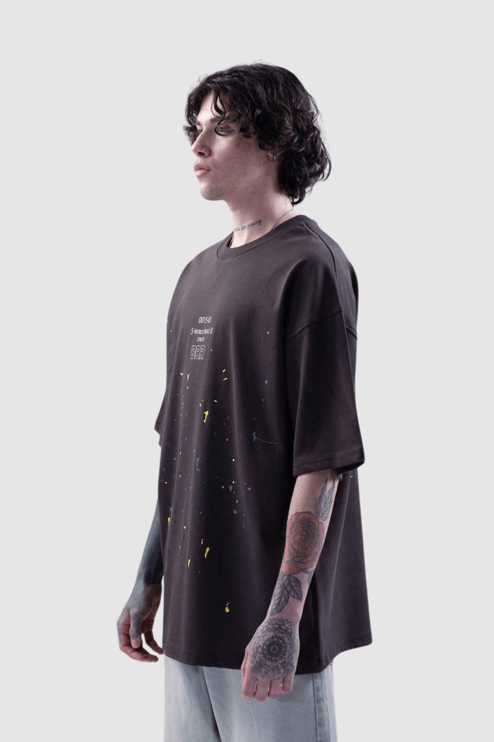 Erkek World Peace Baskılı Bisiklet Yaka Oversize Tişört - Siyah