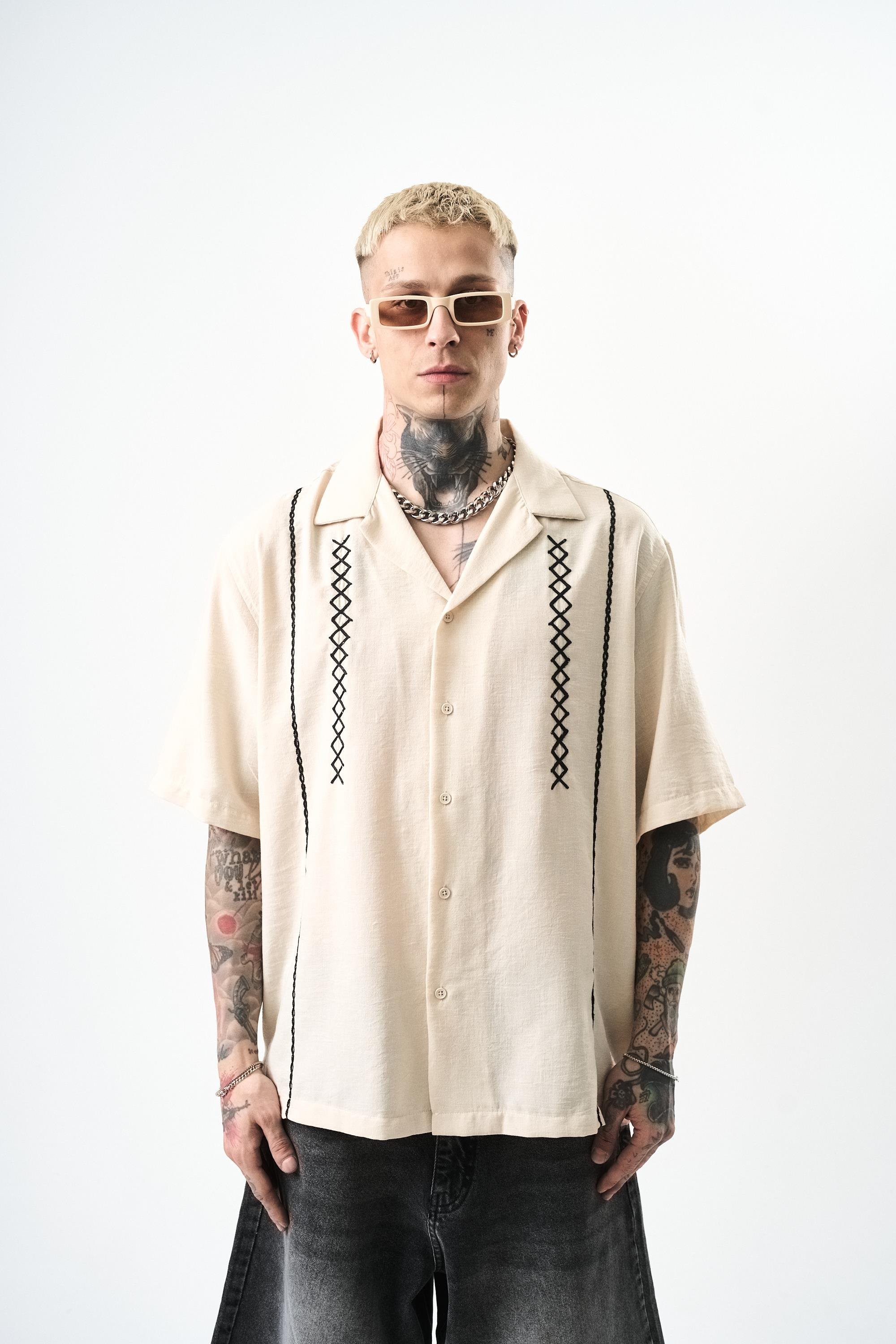Erkek Zigzag Nakışlı Oversize Keten Gömlek - Bej