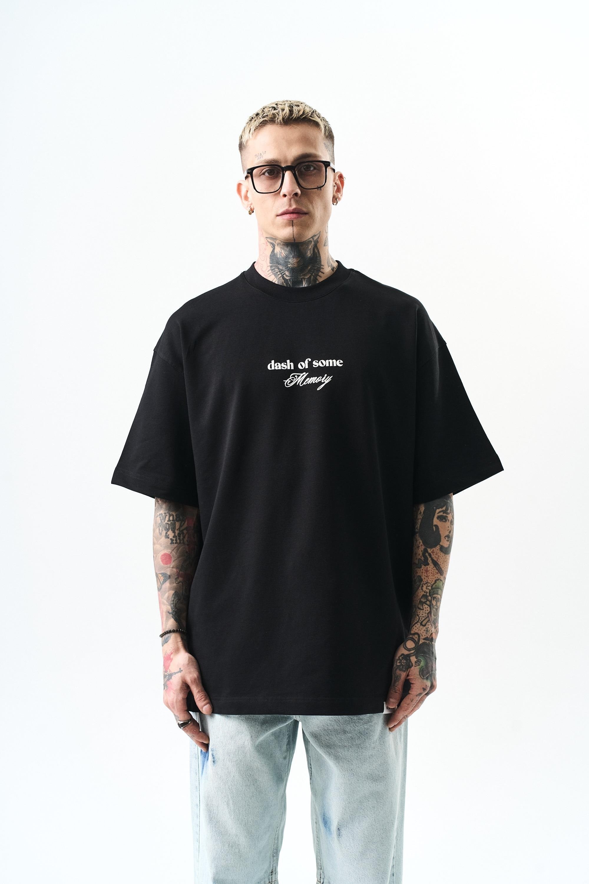 Erkek Memory Baskılı Oversize T-Shirt Siyah - Siyah