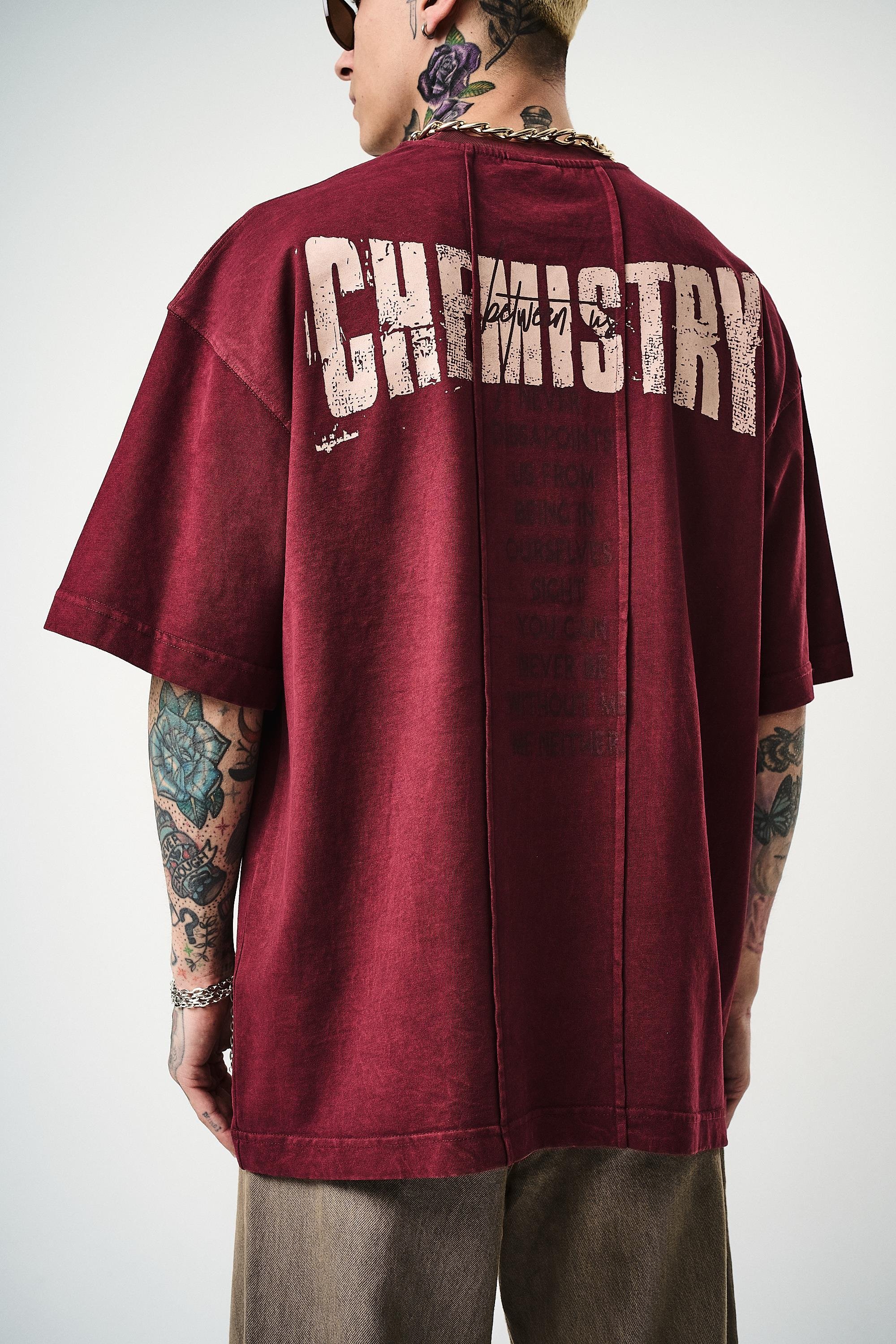 Chemistry Baskılı Yıkamalı Oversize T-Shirt - Bordo