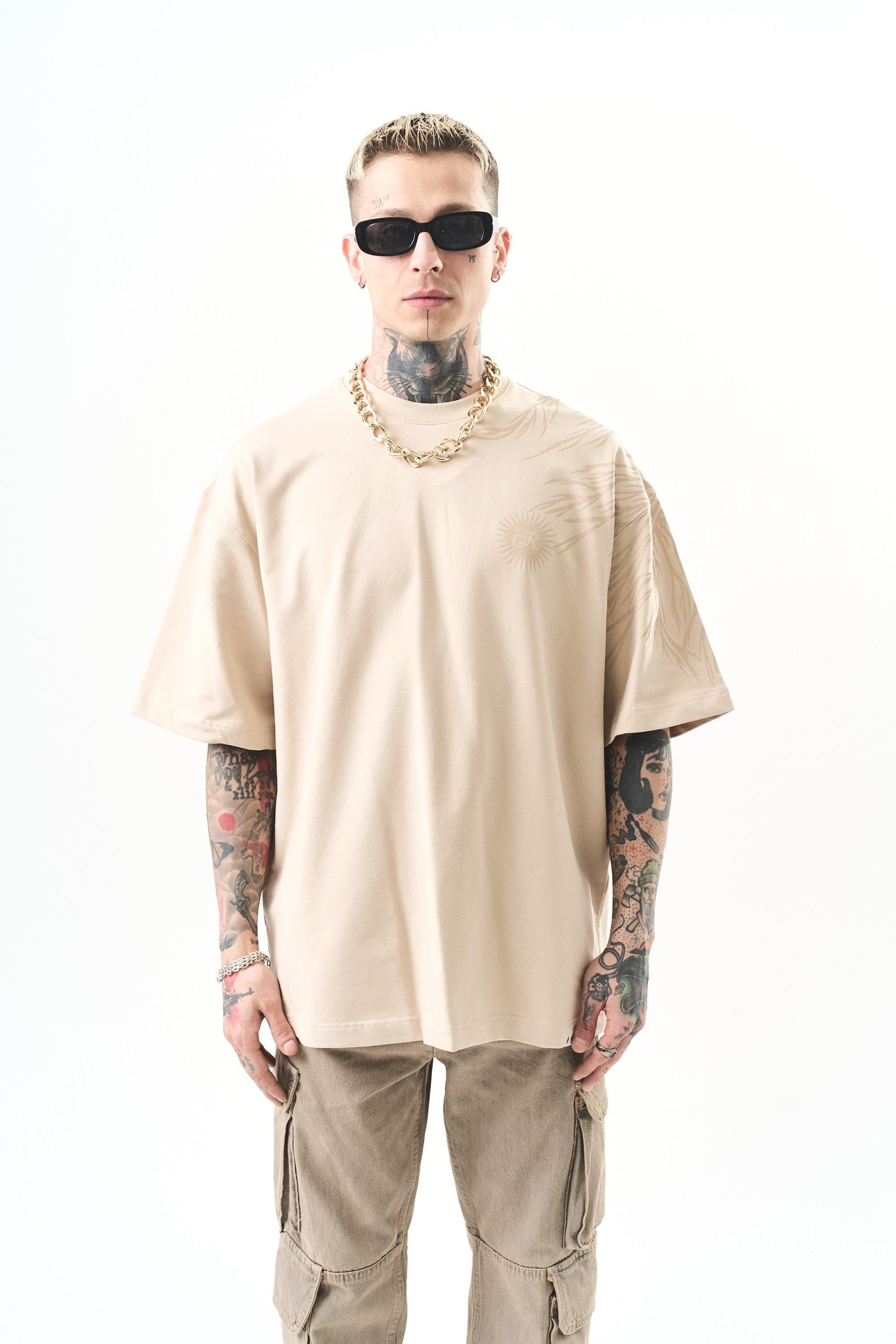 Erkek Hand Baskılı Oversize T-Shirt Siyah - Bej