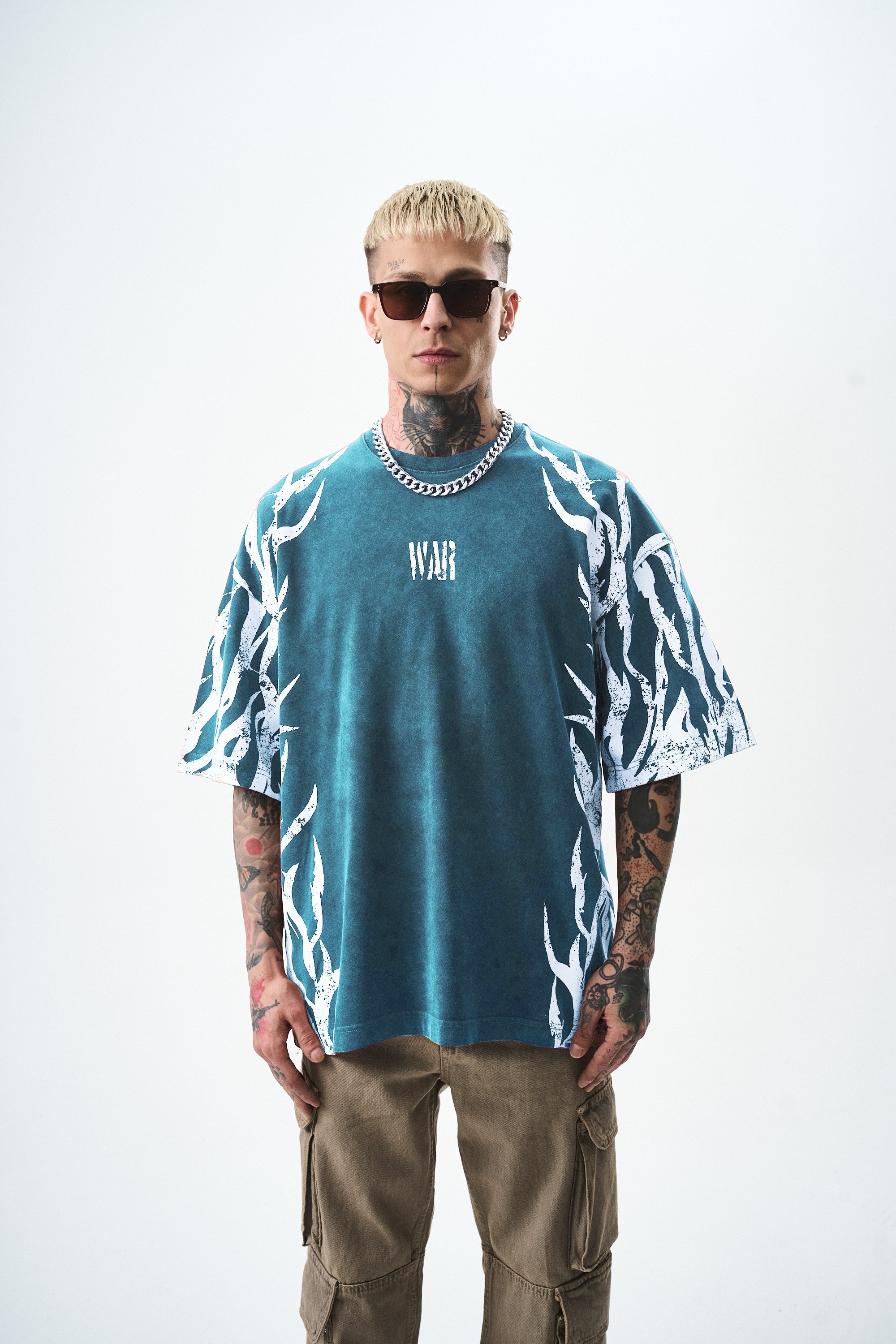 War Baskılı Yıkamalı Oversize T-Shirt - Petrol yeşili