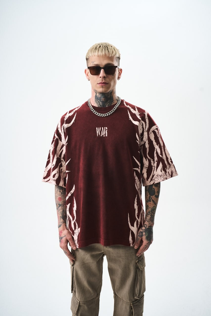 War Baskılı Yıkamalı Oversize T-Shirt