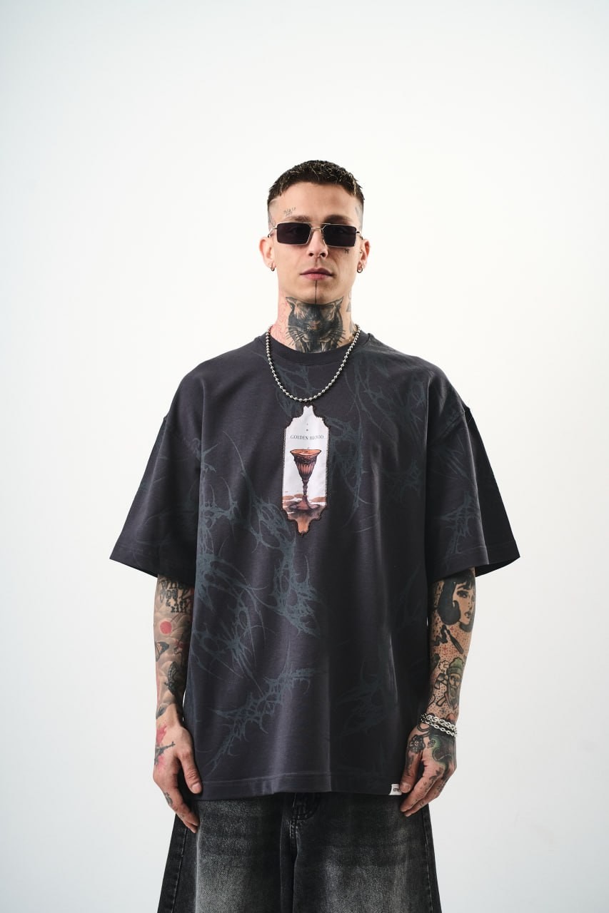 Erkek Golden Blood Oversize T-shirt  - Füme
