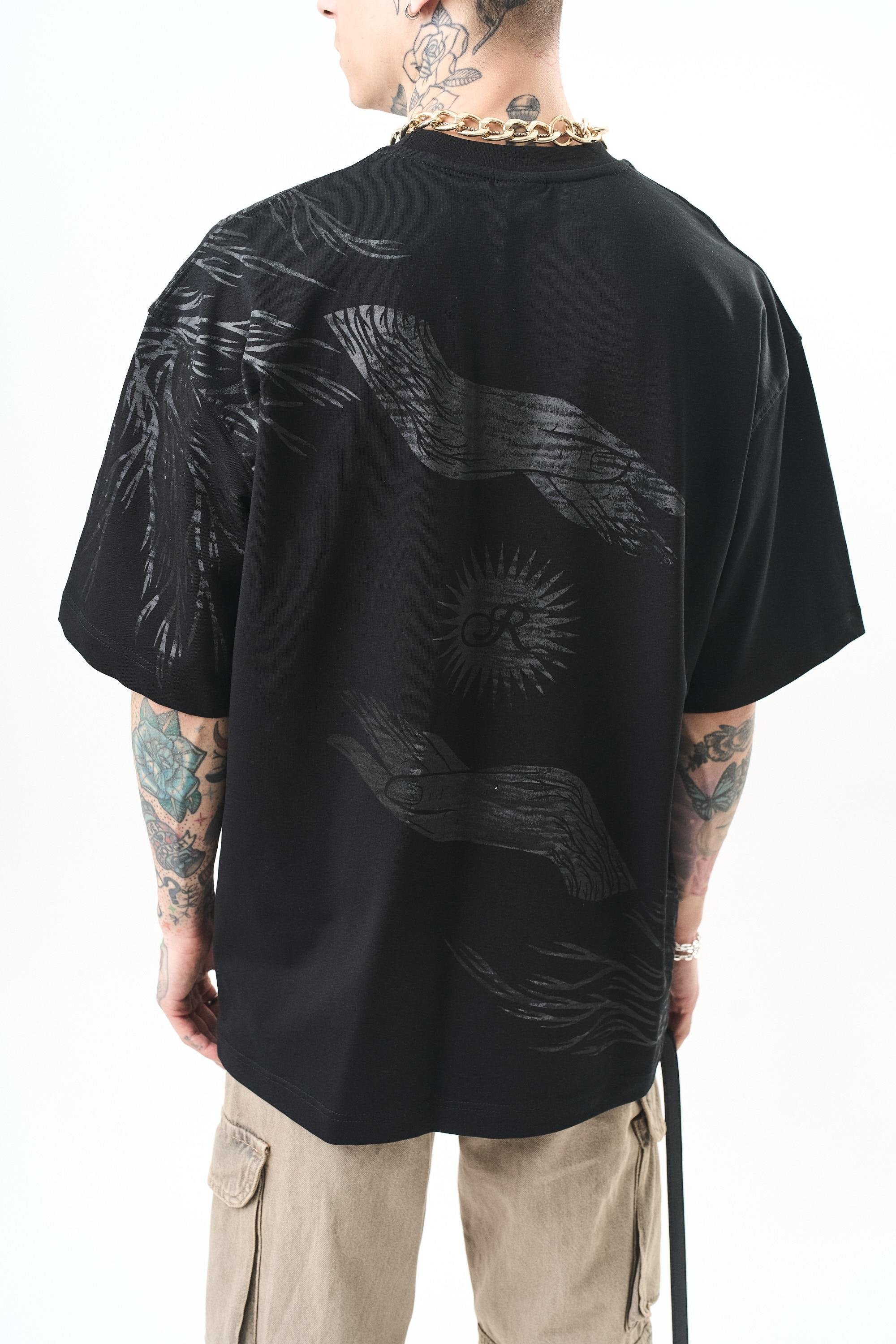 Erkek Hand Baskılı Oversize T-Shirt Siyah