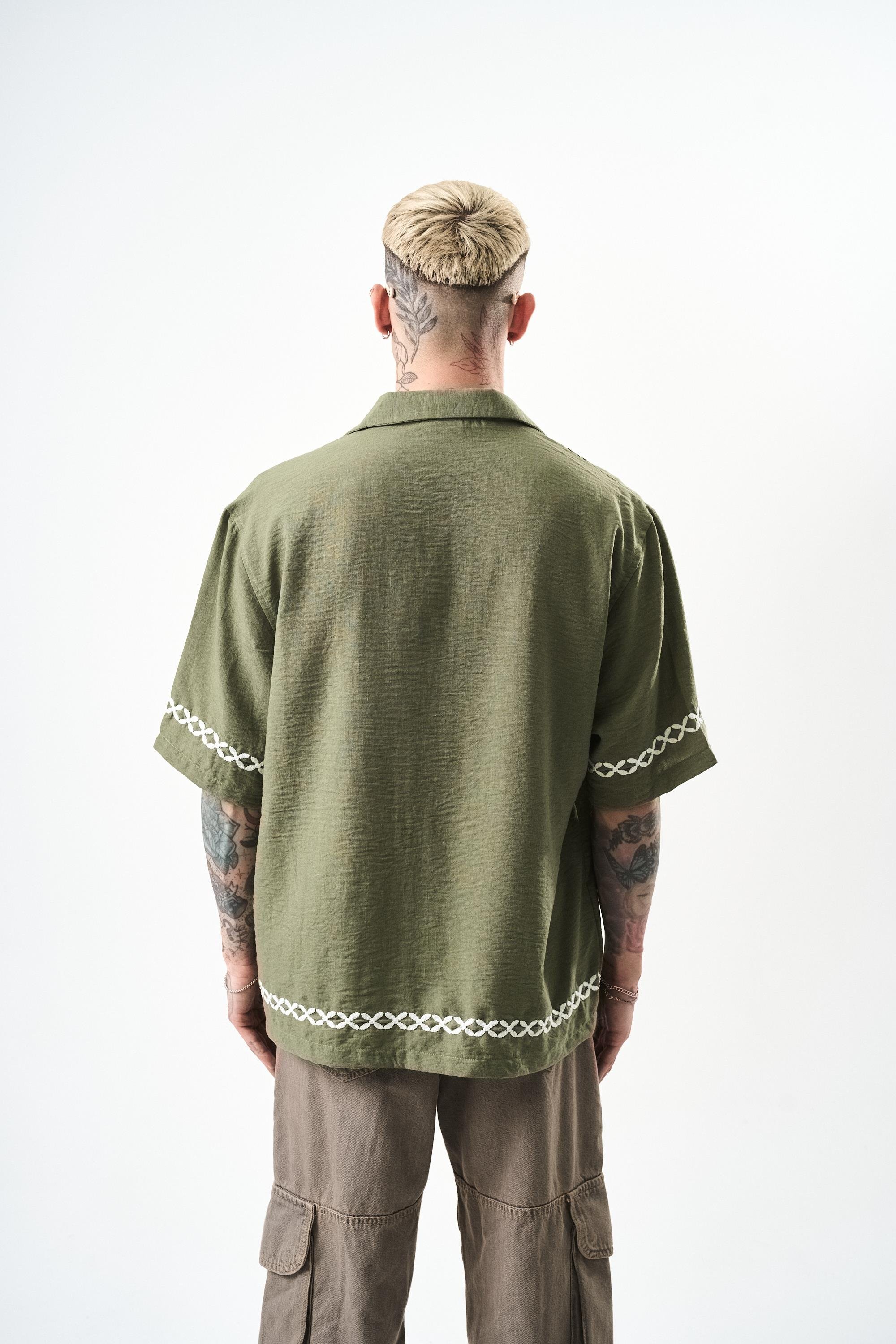 Haki Pocket Nakışlı Oversize Keten Gömlek