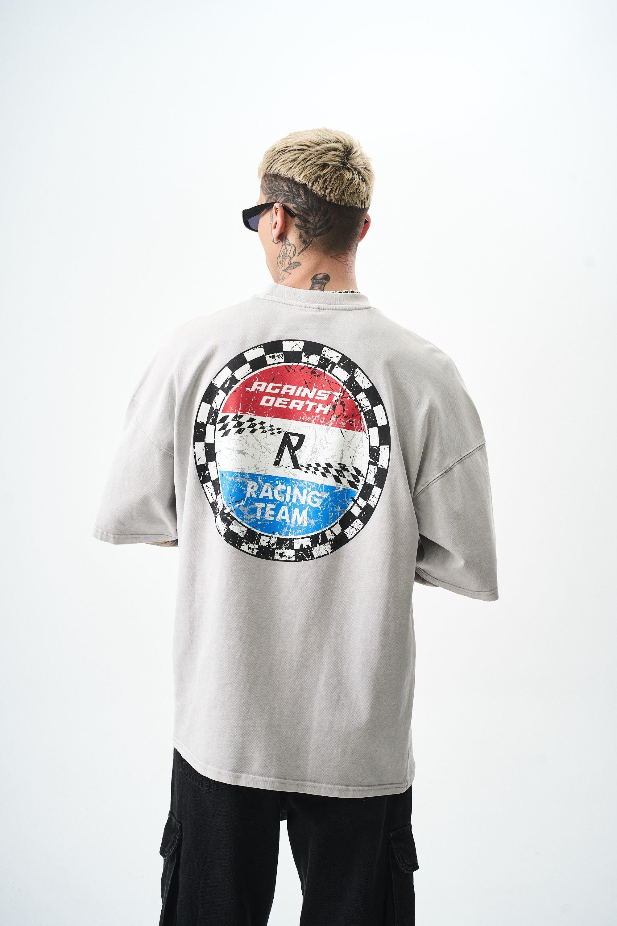 Racing Baskılı Yıkamalı T-Shirt - Gri
