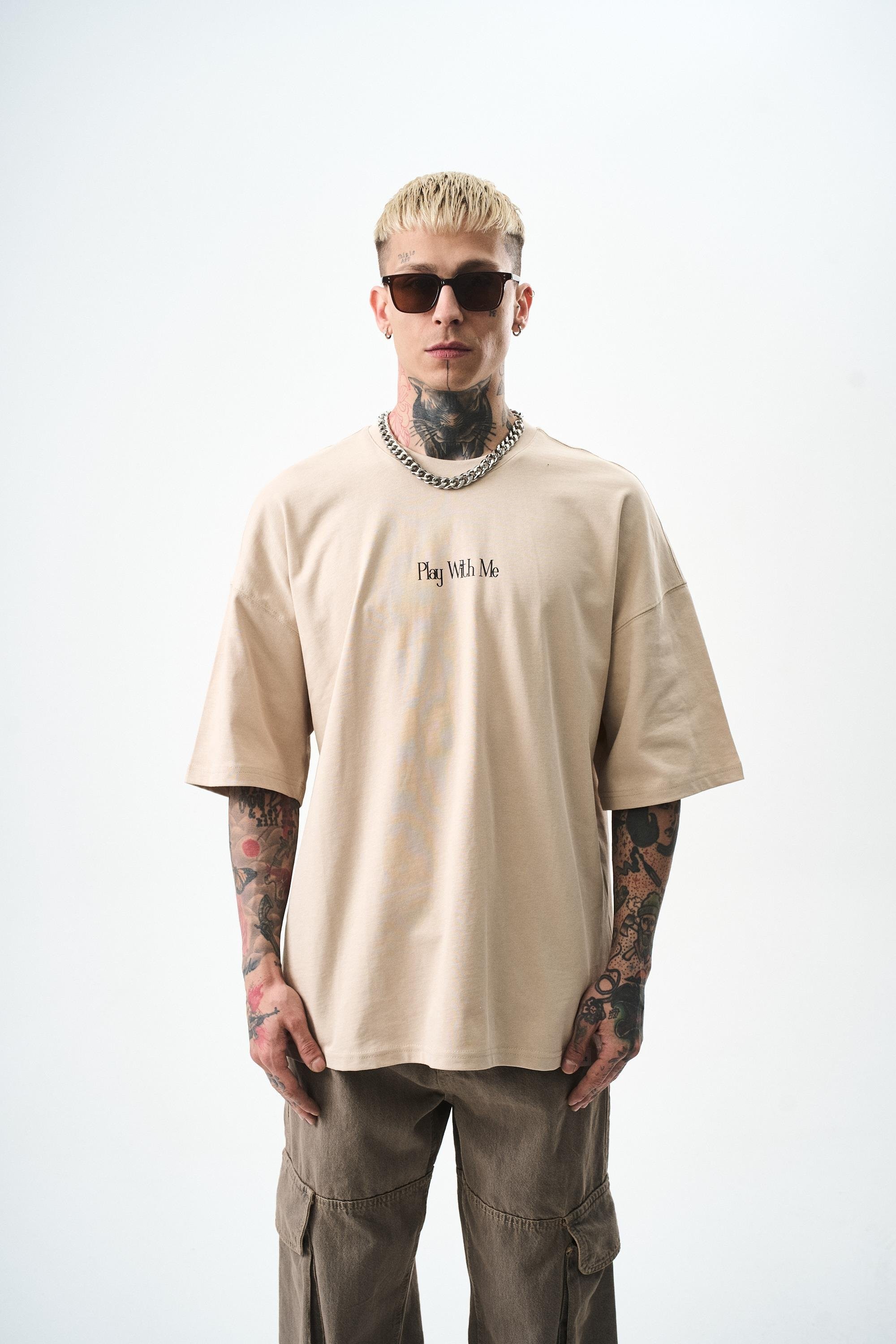 Play With Me Baskılı Oversize T-Shirt - Bej
