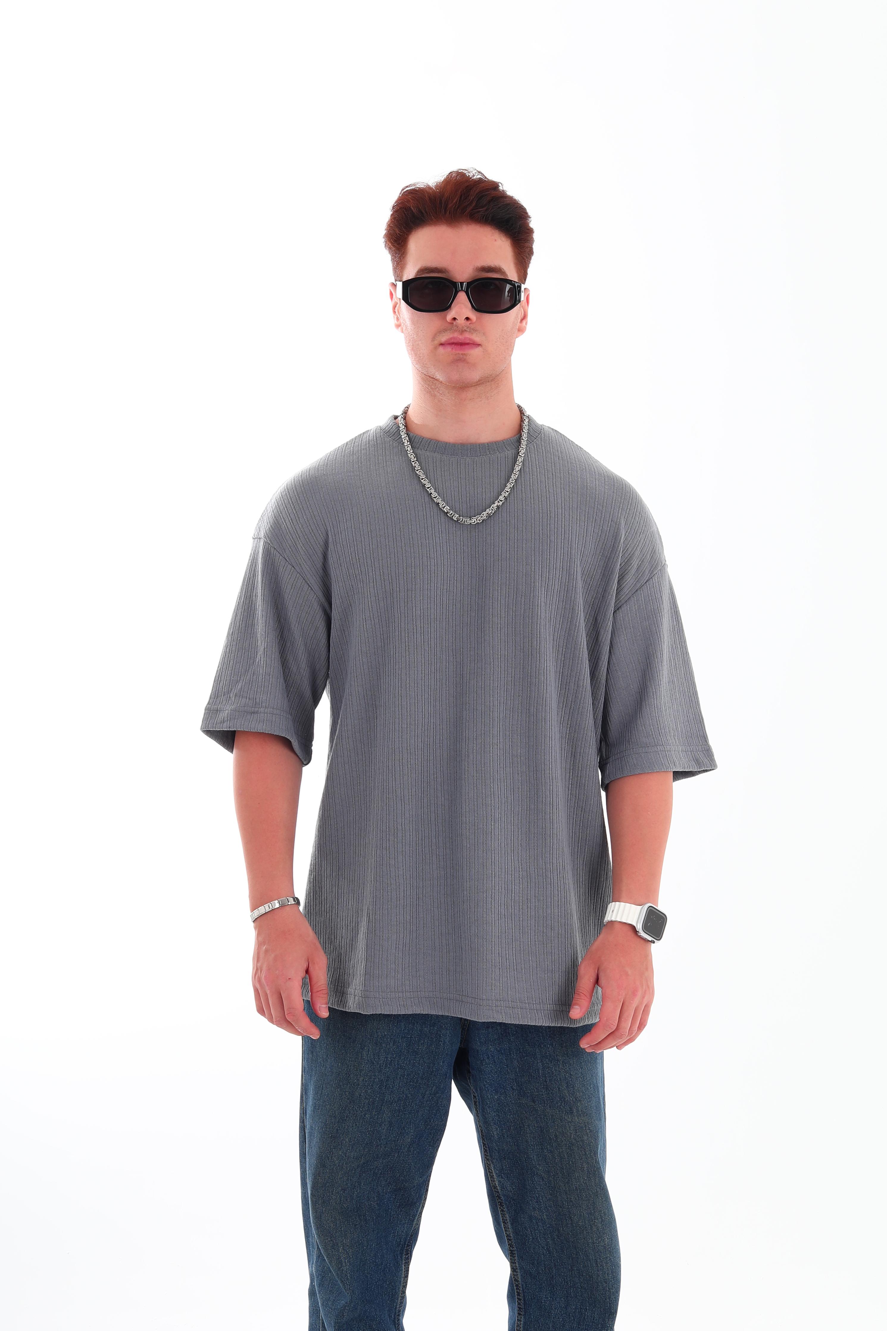 Haft Collection Dikiş Detaylı Basic T-Shirt - Gri