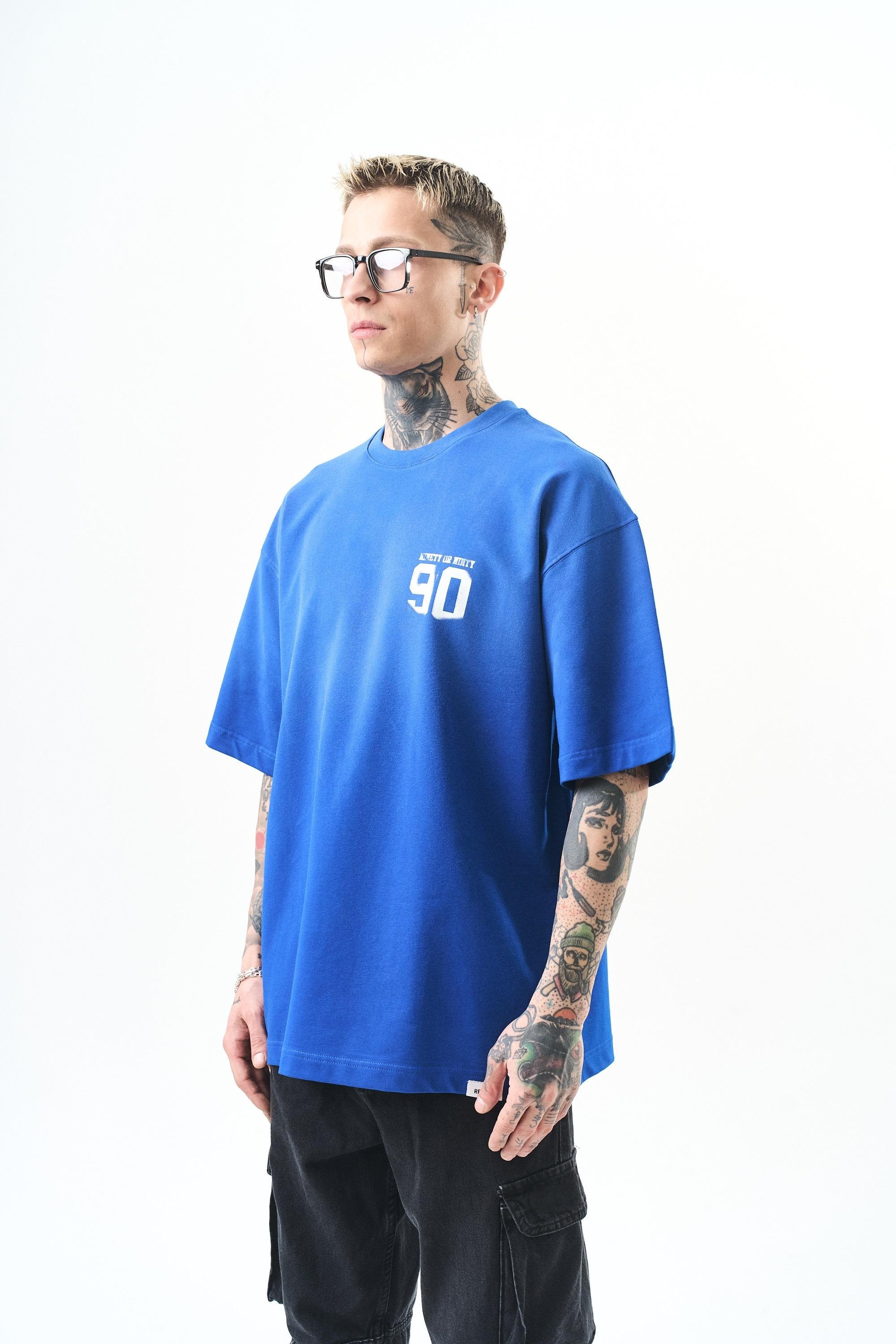 Erkek Ninety Baskılı Oversize T-Shirt - Mavi