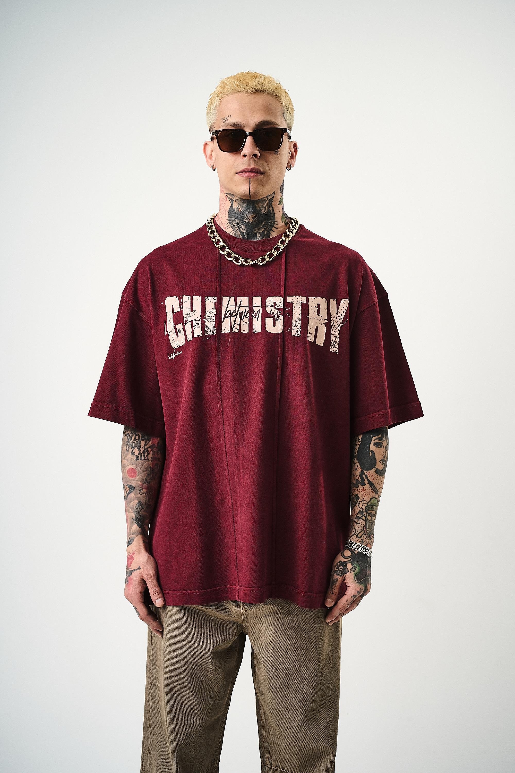 Erkek Chemistry Baskılı Yıkamalı Oversize T-Shirt - Bordo