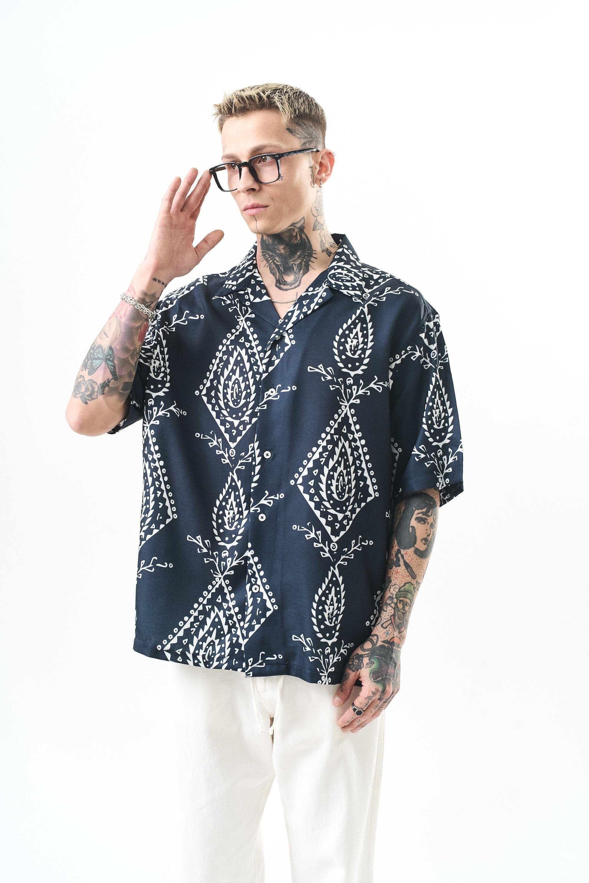 Erkek Pais Pattern Baskılı Oversize Gömlek