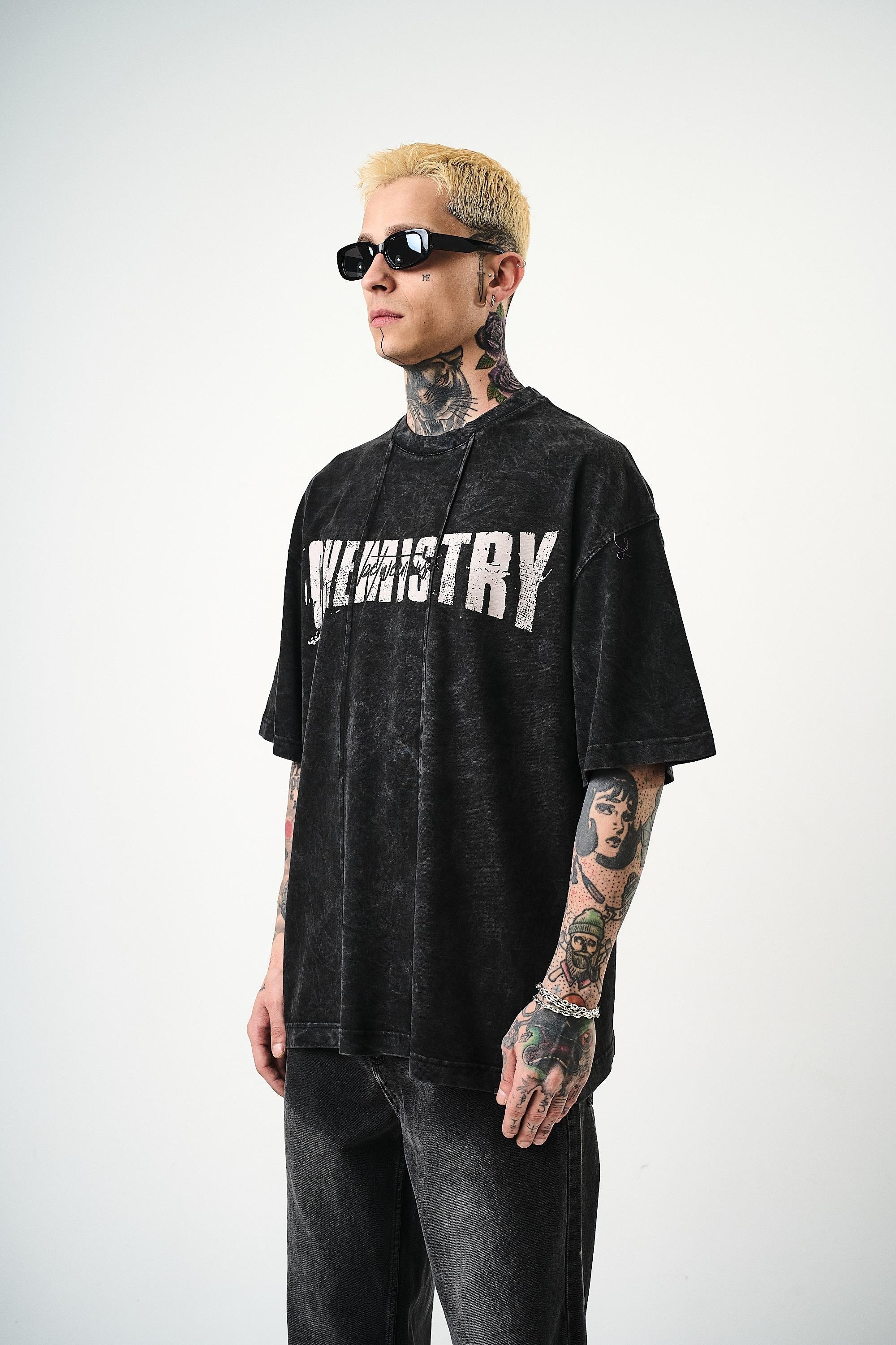 Erkek Chemistry Baskılı Yıkamalı Oversize T-Shirt
