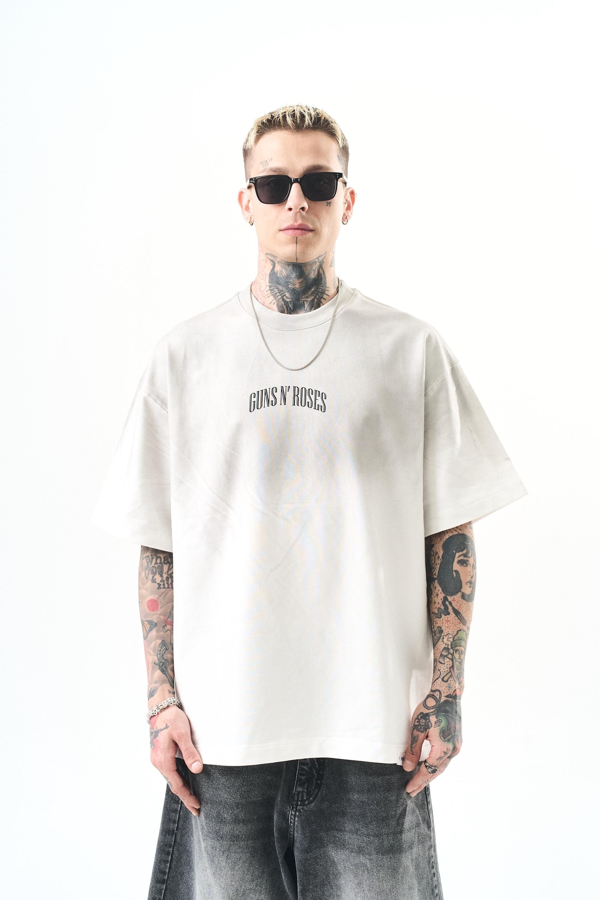Erkek Guns Roses Baskılı Oversize T-Shirt - Beyaz